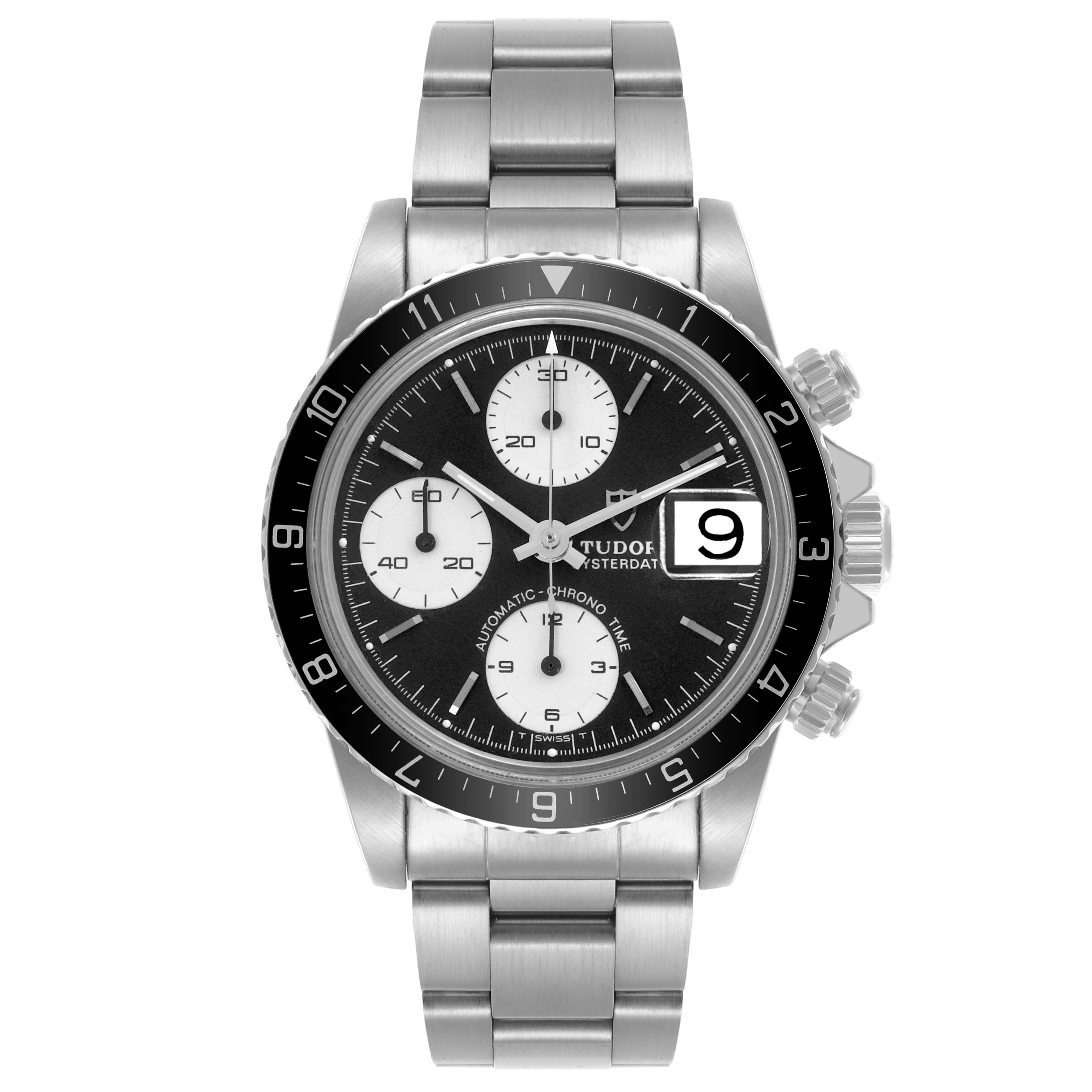 The Tudor Big Block 79170 Men's Stainless Steel Black Dial 79170 Men's Stainless Steel Black Dial watch is shown from the front, displaying its dial, bezel, and part of the bracelet.