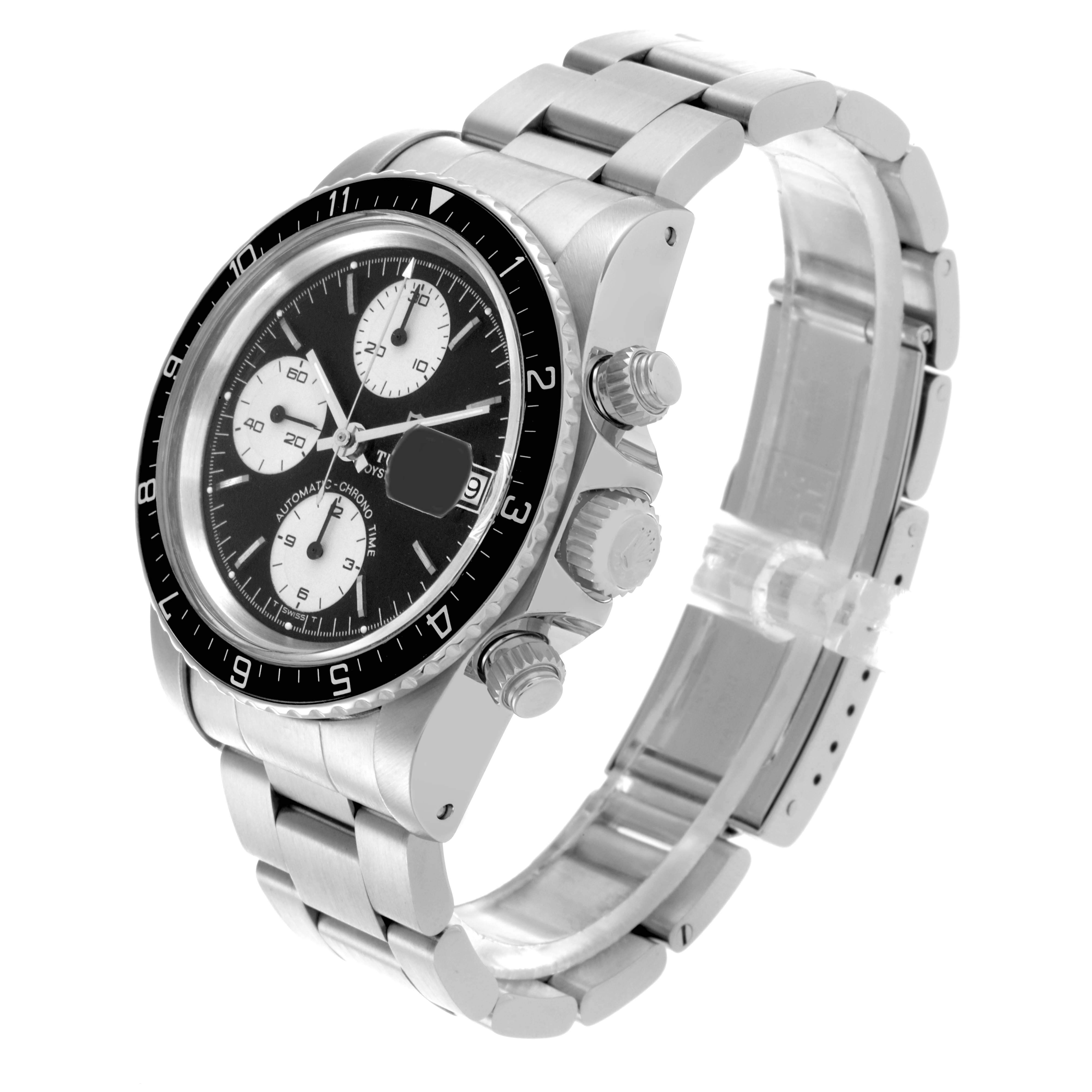 The Tudor Big Block 79170 Men's Stainless Steel Black Dial 79170 Men's Stainless Steel Black Dial watch is shown at an angled side view, displaying the dial, bezel, and bracelet.