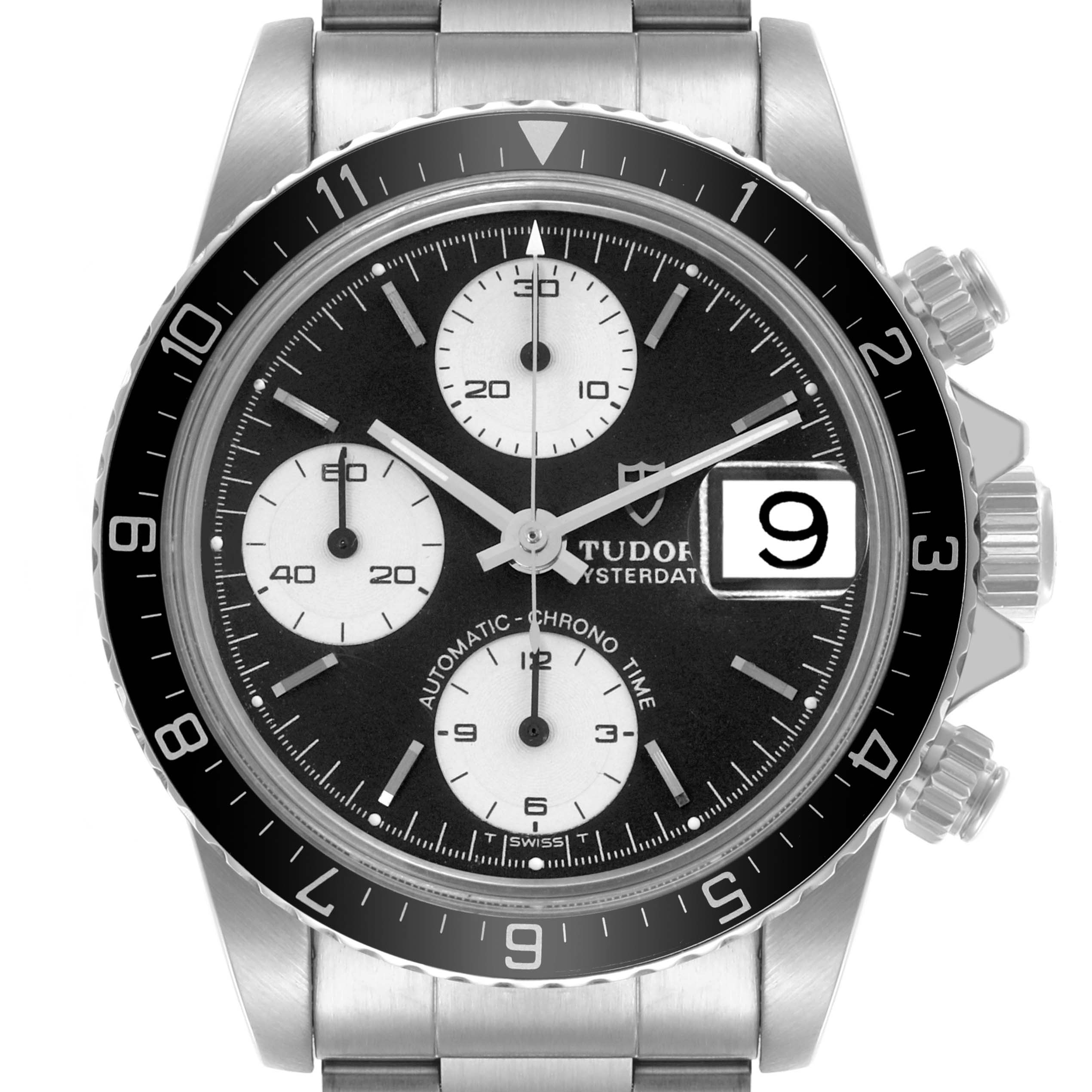 This Tudor Big Block 79170 Men's Stainless Steel Black Dial 79170 Men's Stainless Steel Black Dial watch is shown from the front, displaying its face with three subdials, date, and bezel.