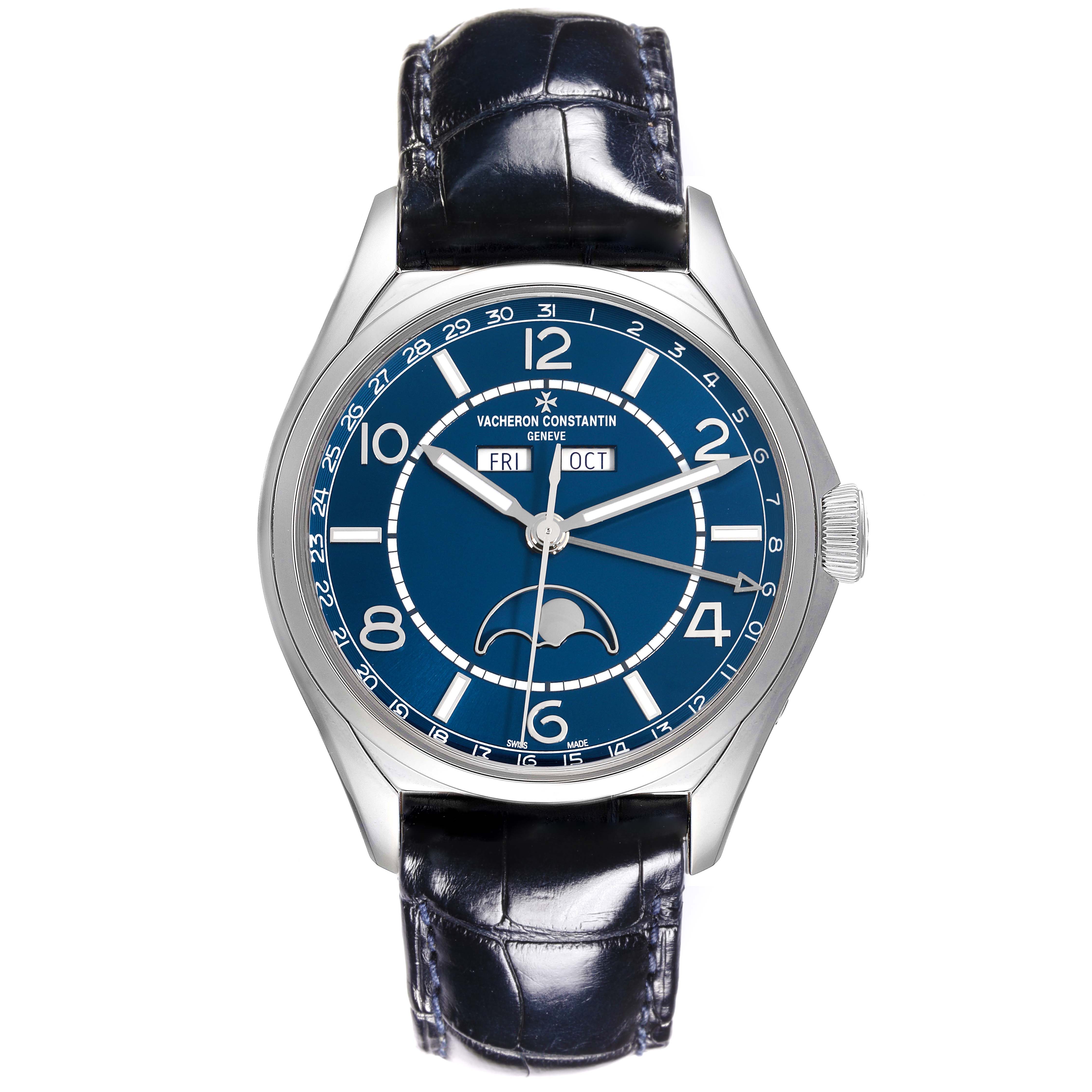 The Vacheron Constantin Fiftysix 4000E/000A-B548 Men's Stainless Steel Blue Dial 4000E/000A-B548 Men's Stainless Steel Blue Dial watch is shown from a front angle, displaying the dial, hands, and leather strap.