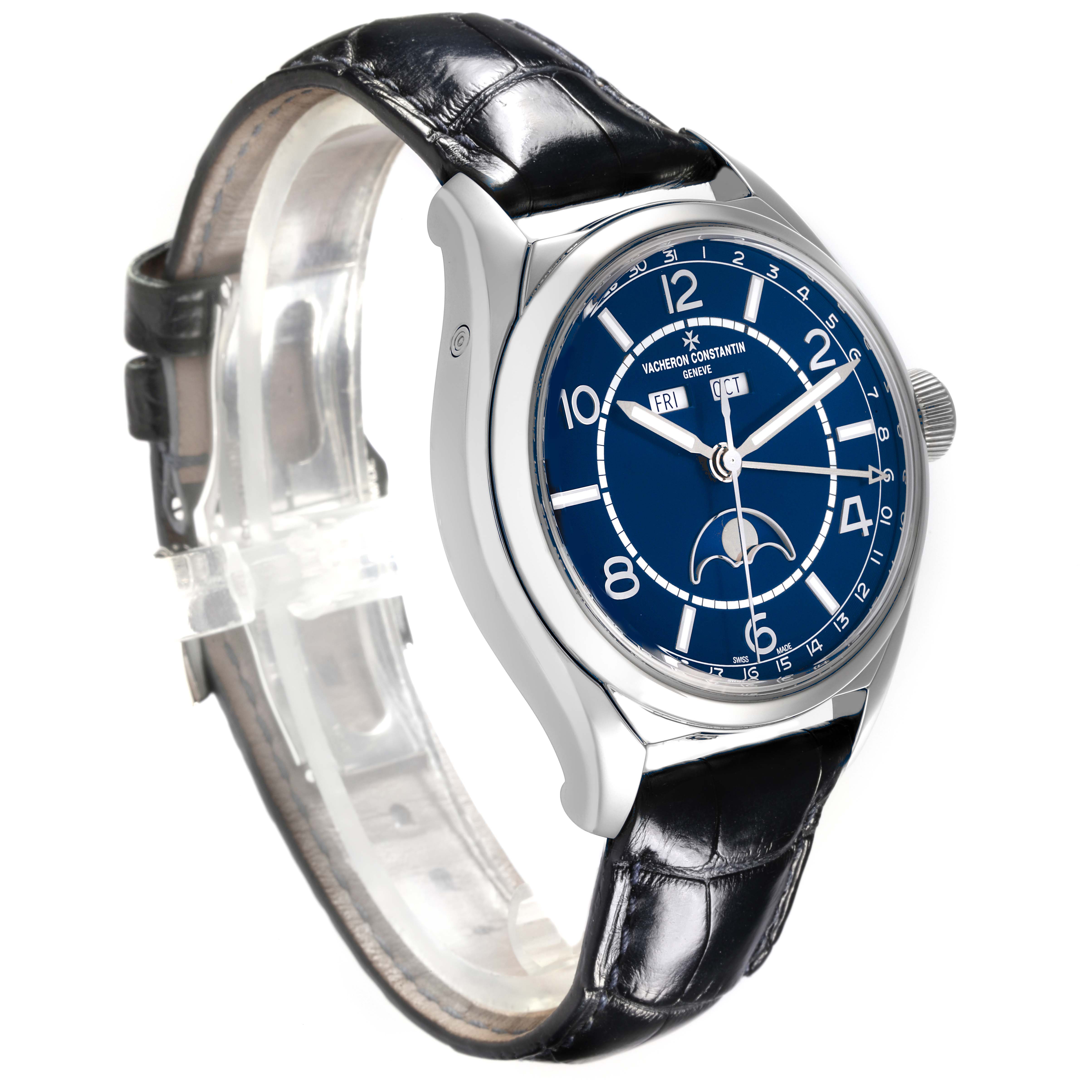 The Vacheron Constantin Fiftysix 4000E/000A-B548 Men's Stainless Steel Blue Dial 4000E/000A-B548 Men's Stainless Steel Blue Dial watch is shown at a slight angle, displaying the face, case, strap, and crown.