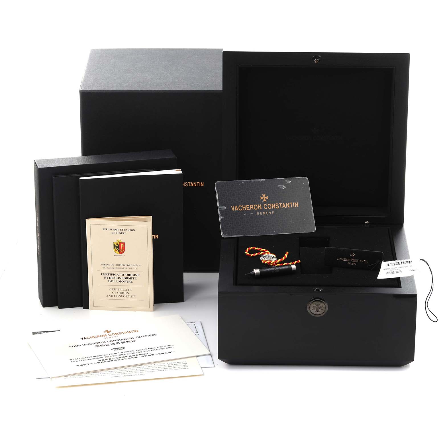 The image shows Vacheron Constantin Fiftysix 4000E/000A-B548 Men's Stainless Steel Blue Dial 4000E/000A-B548 Men's Stainless Steel Blue Dial packaging with documents, a pen, and accessories.