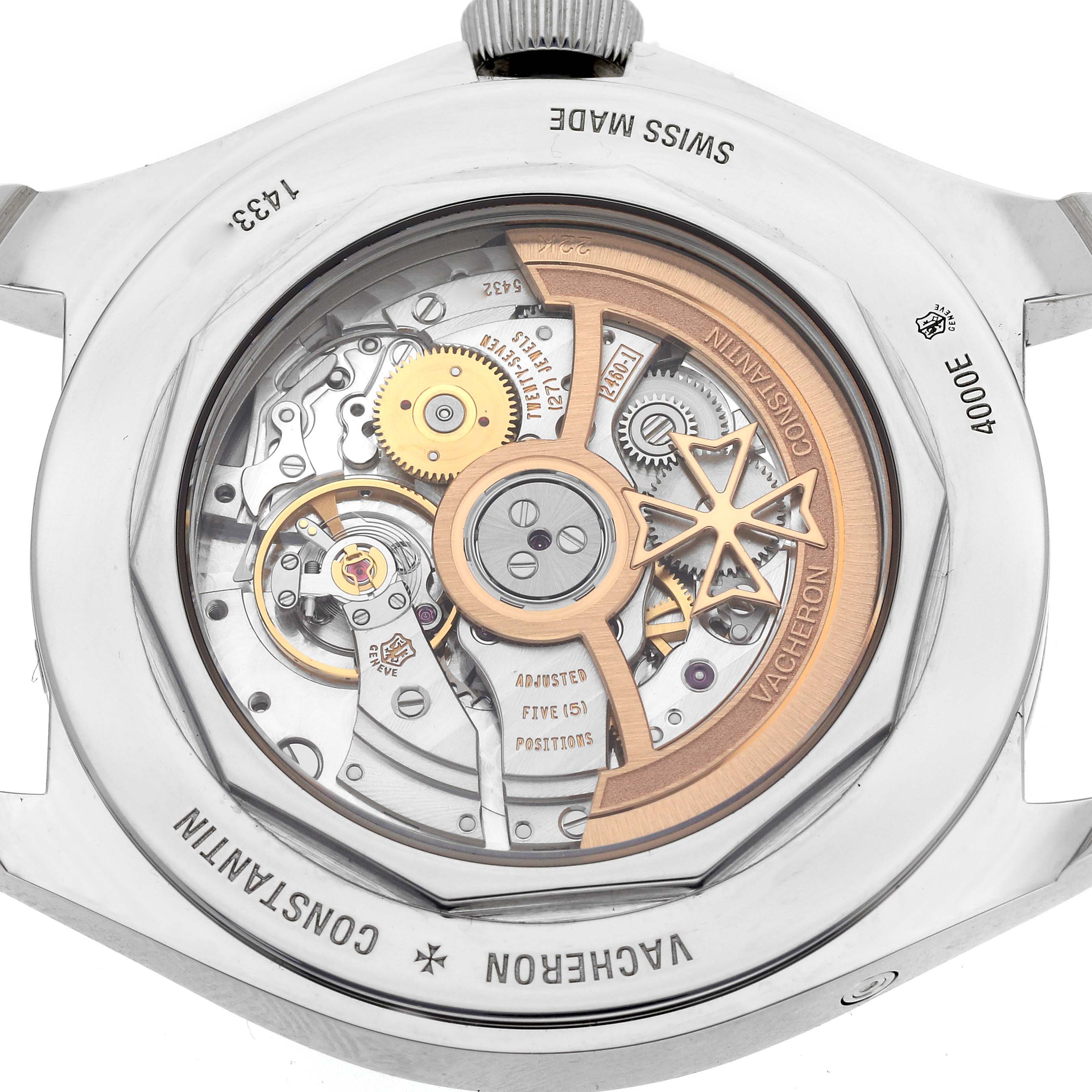 The image shows the back view of a Vacheron Constantin Fiftysix 4000E/000A-B548 Men's Stainless Steel Blue Dial 4000E/000A-B548 Men's Stainless Steel Blue Dial model, highlighting its intricate movement and rotor.