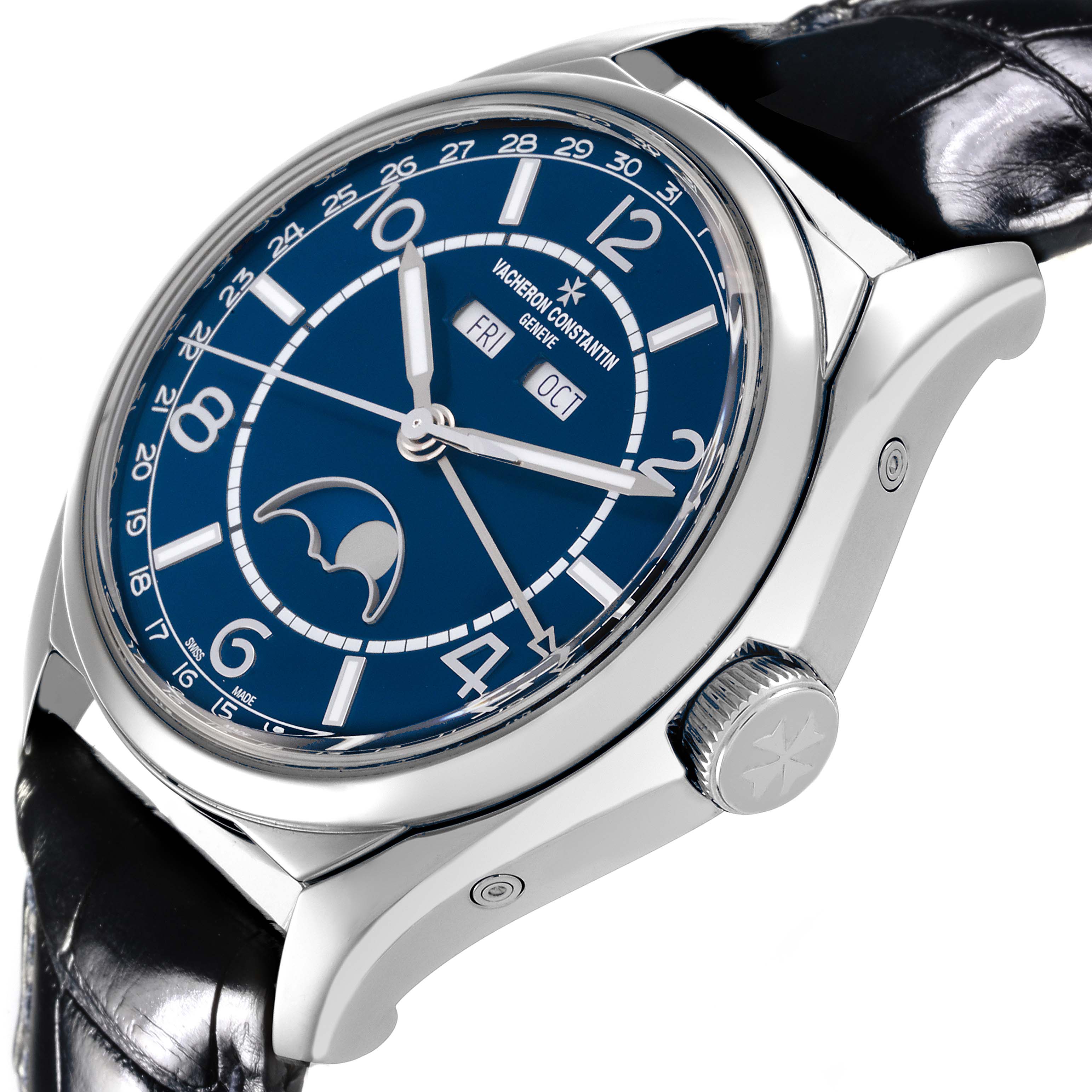 The Vacheron Constantin Fiftysix 4000E/000A-B548 Men's Stainless Steel Blue Dial 4000E/000A-B548 Men's Stainless Steel Blue Dial watch is shown at an angled side view, highlighting the dial, crown, and strap attachment.