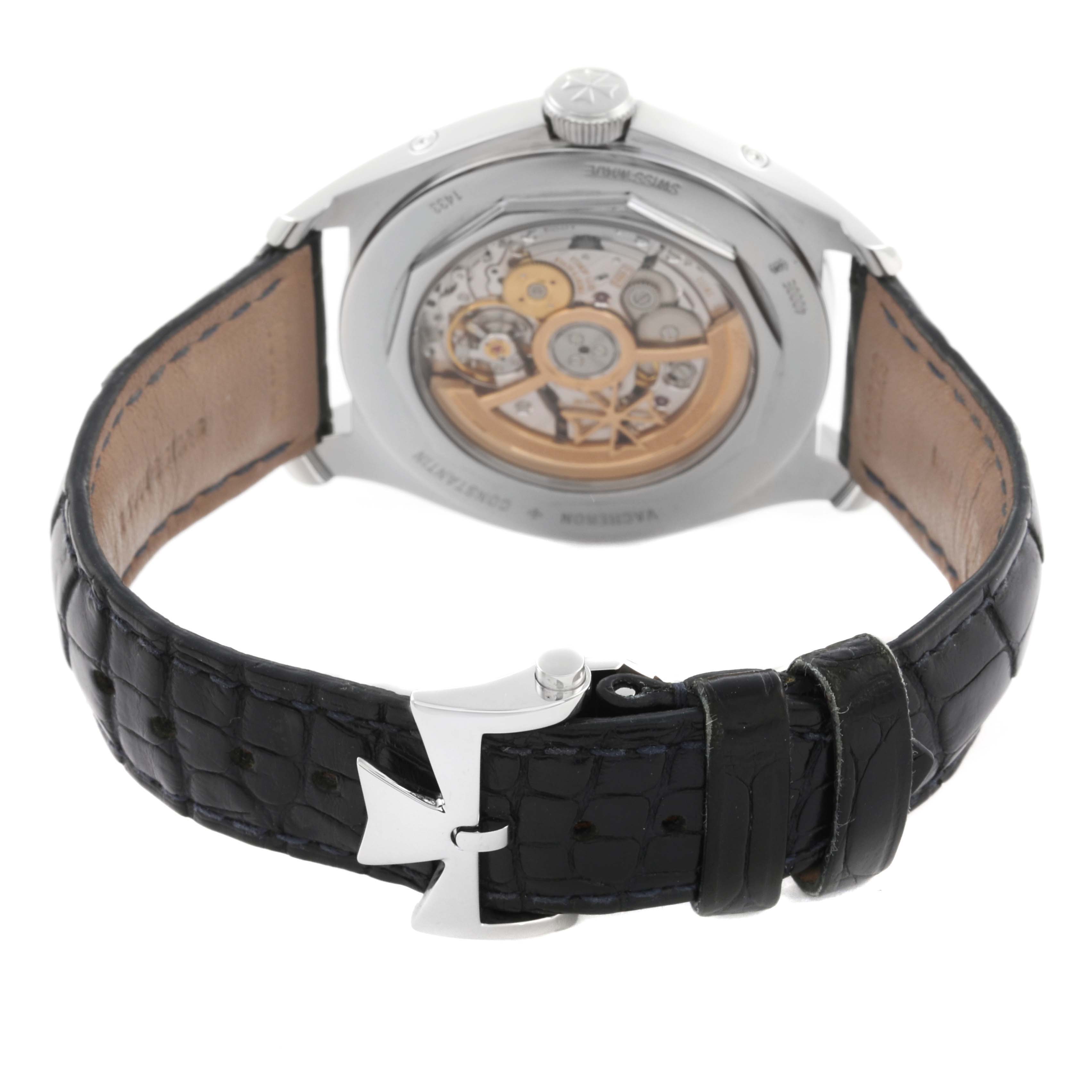 The image shows the back view of the Vacheron Constantin Fiftysix 4000E/000A-B548 Men's Stainless Steel Blue Dial 4000E/000A-B548 Men's Stainless Steel Blue Dial, highlighting the open caseback and leather strap with a buckle.