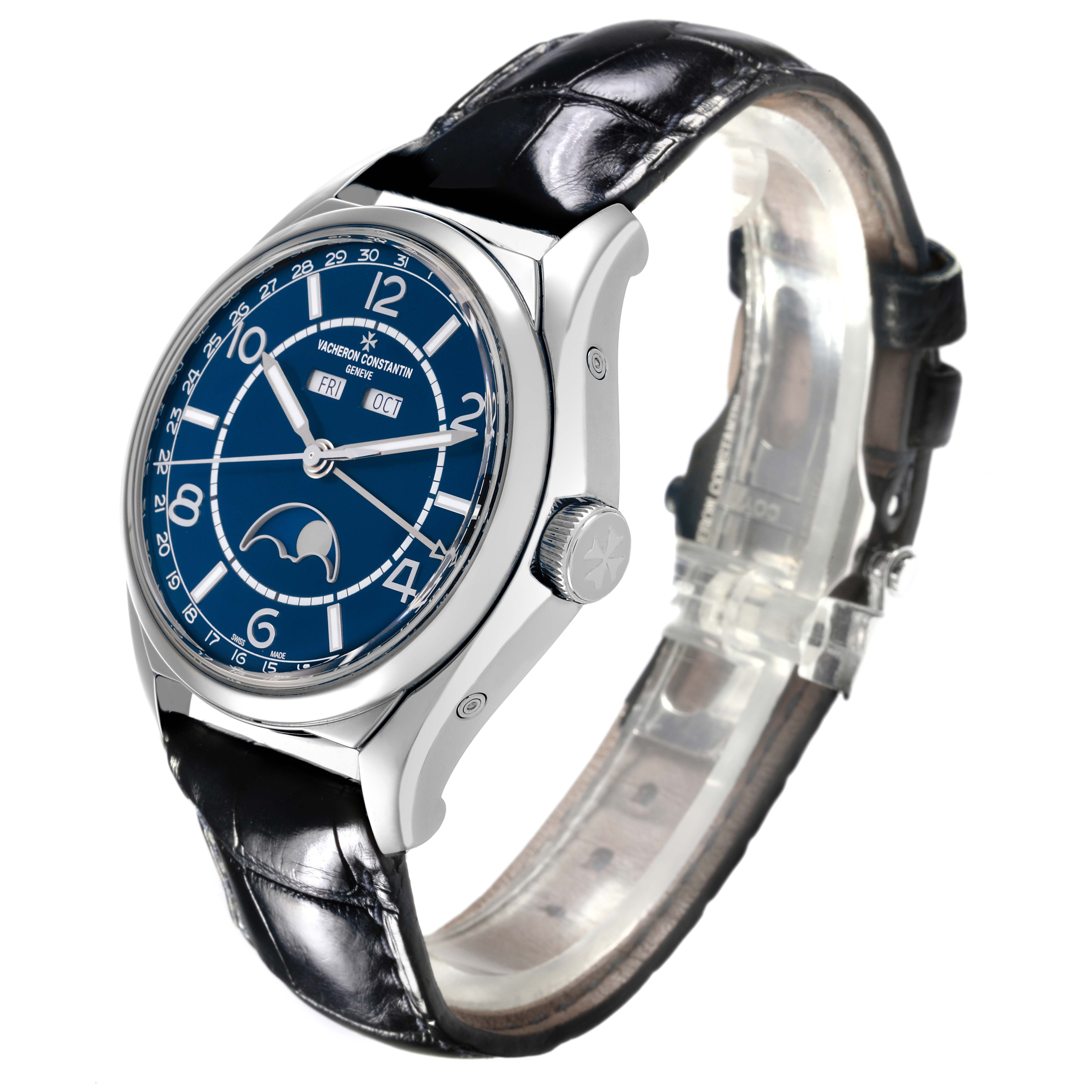 The Vacheron Constantin Fiftysix 4000E/000A-B548 Men's Stainless Steel Blue Dial 4000E/000A-B548 Men's Stainless Steel Blue Dial watch is shown at a slight angle, highlighting the dial, side case, and leather strap.