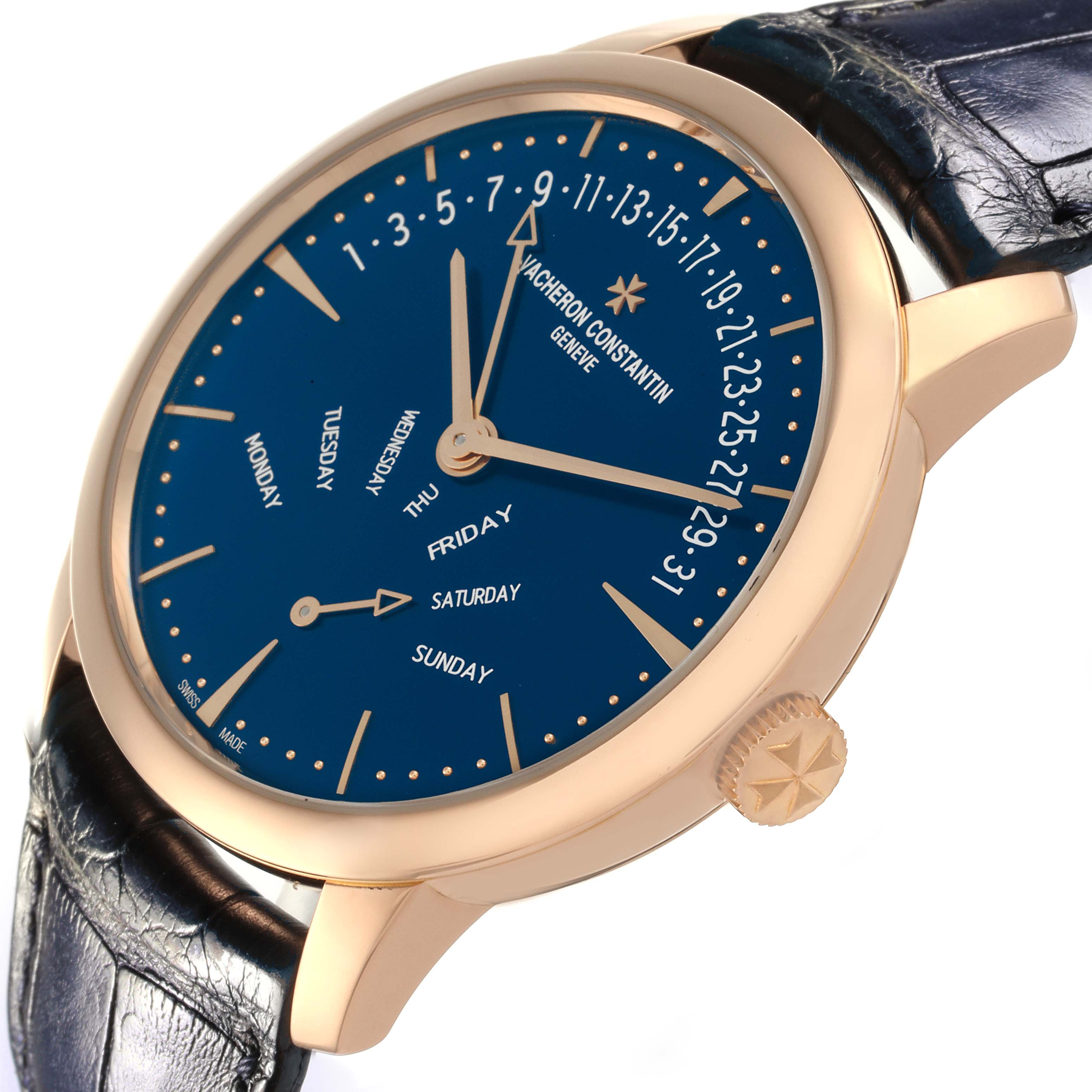 The Vacheron Constantin Patrimony 4000U/000R-B516 Men
s Rose Gold Blue Dial 4000U/000R-B516 Men
s Rose Gold Blue Dial watch is shown from a side angle, displaying the dial, crown, and leather strap.