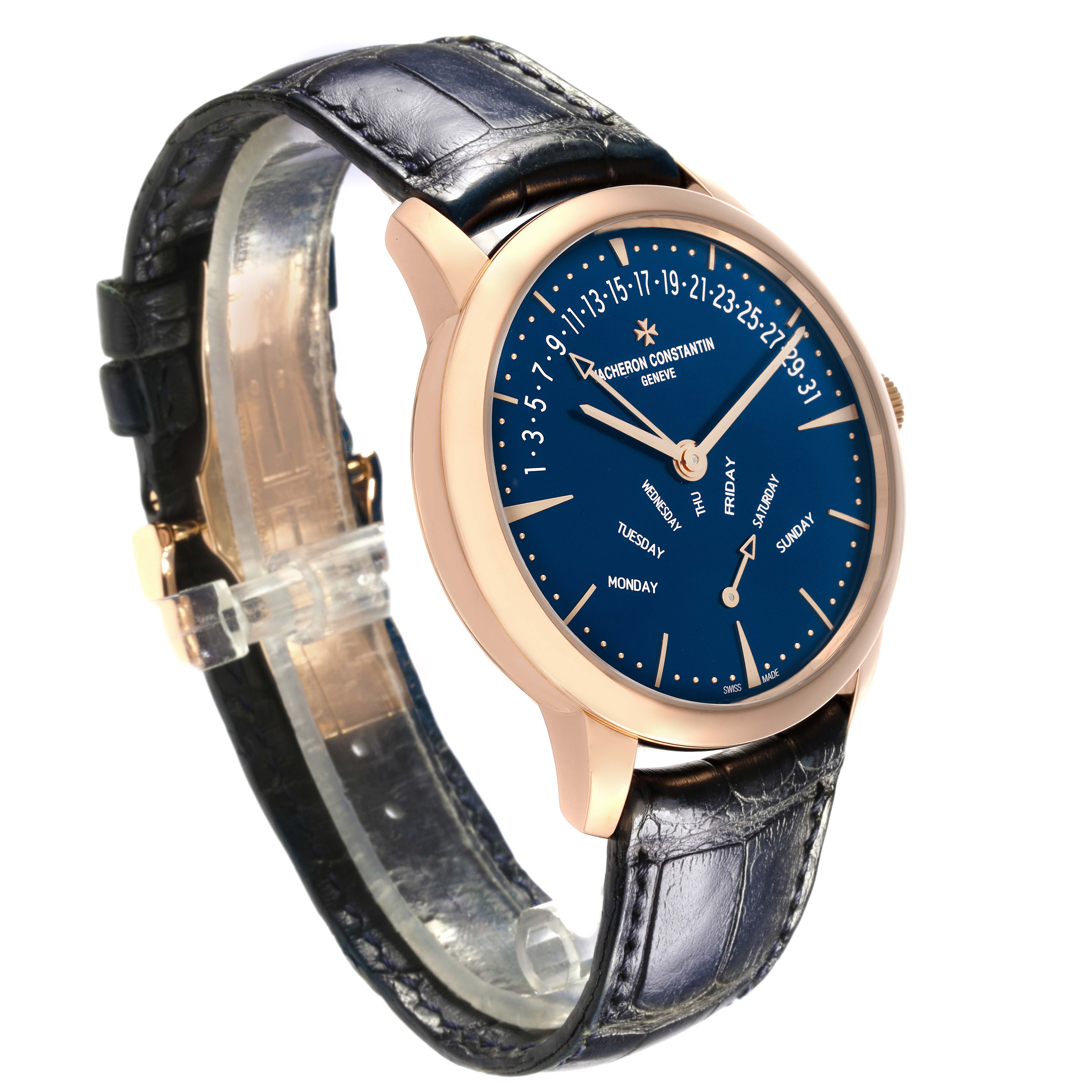 The Vacheron Constantin Patrimony 4000U/000R-B516 Men
s Rose Gold Blue Dial 4000U/000R-B516 Men
s Rose Gold Blue Dial watch is shown from an angled side view, highlighting the face, hands, and leather strap.