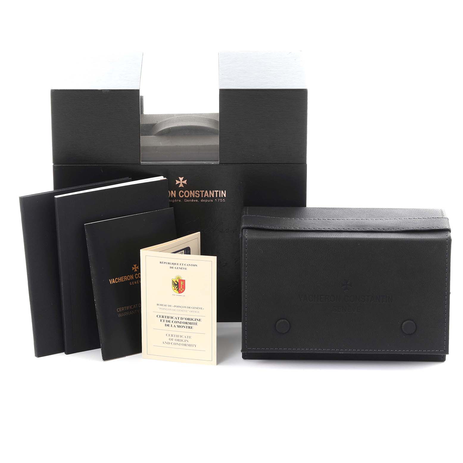 The image shows the packaging and documentation of the Vacheron Constantin Patrimony 4000U/000R-B516 Men
s Rose Gold Blue Dial 4000U/000R-B516 Men
s Rose Gold Blue Dial watch, including the box and manuals.