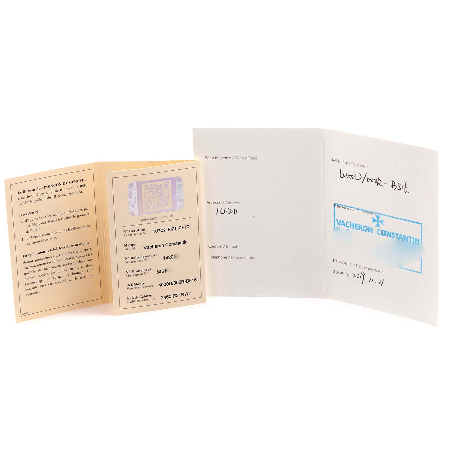 The image shows open warranty papers and documents for a Vacheron Constantin Patrimony 4000U/000R-B516 Men
s Rose Gold Blue Dial 4000U/000R-B516 Men
s Rose Gold Blue Dial watch.