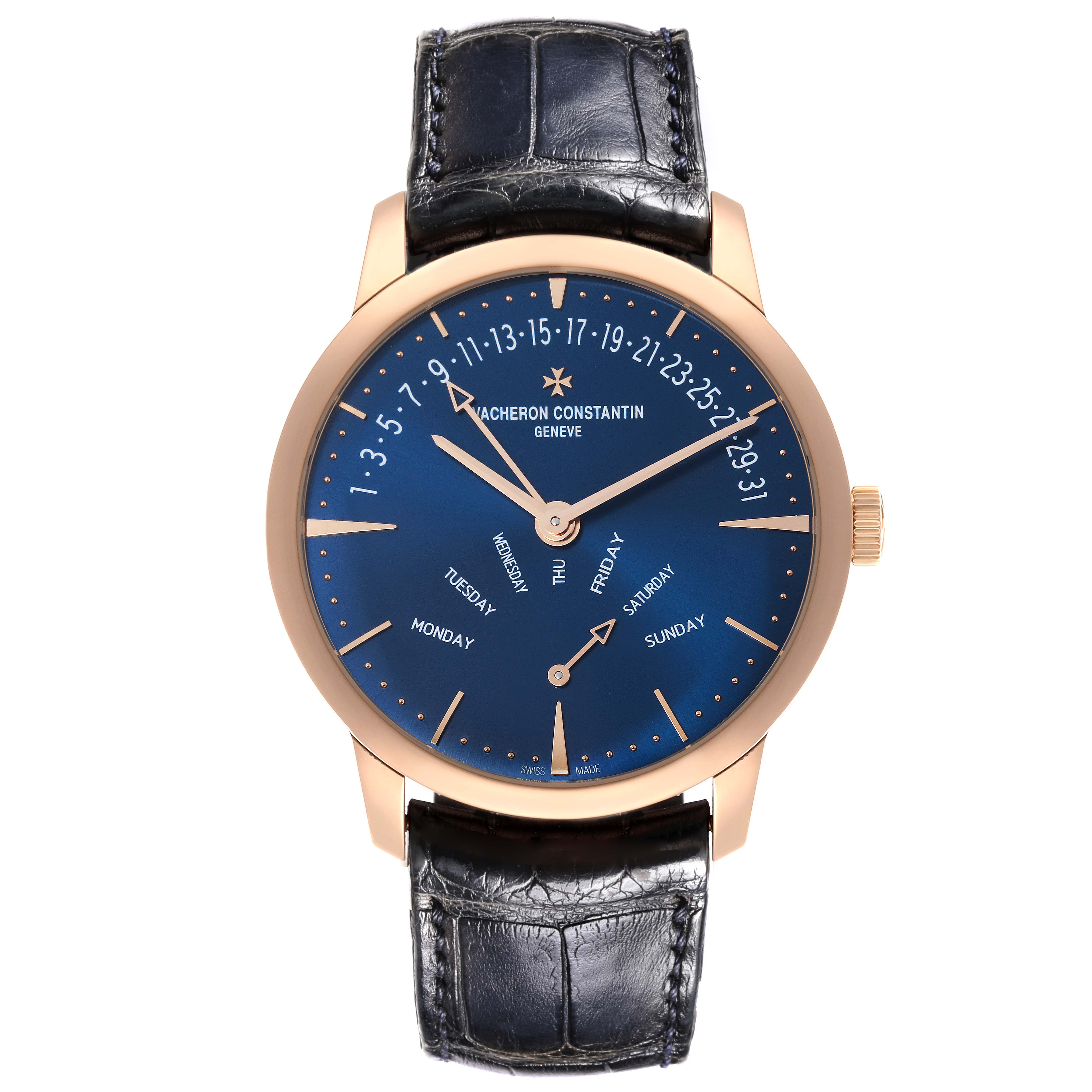 The Vacheron Constantin Patrimony 4000U/000R-B516 Men
s Rose Gold Blue Dial 4000U/000R-B516 Men
s Rose Gold Blue Dial watch is shown from the front, displaying its blue dial, hands, and black leather strap.