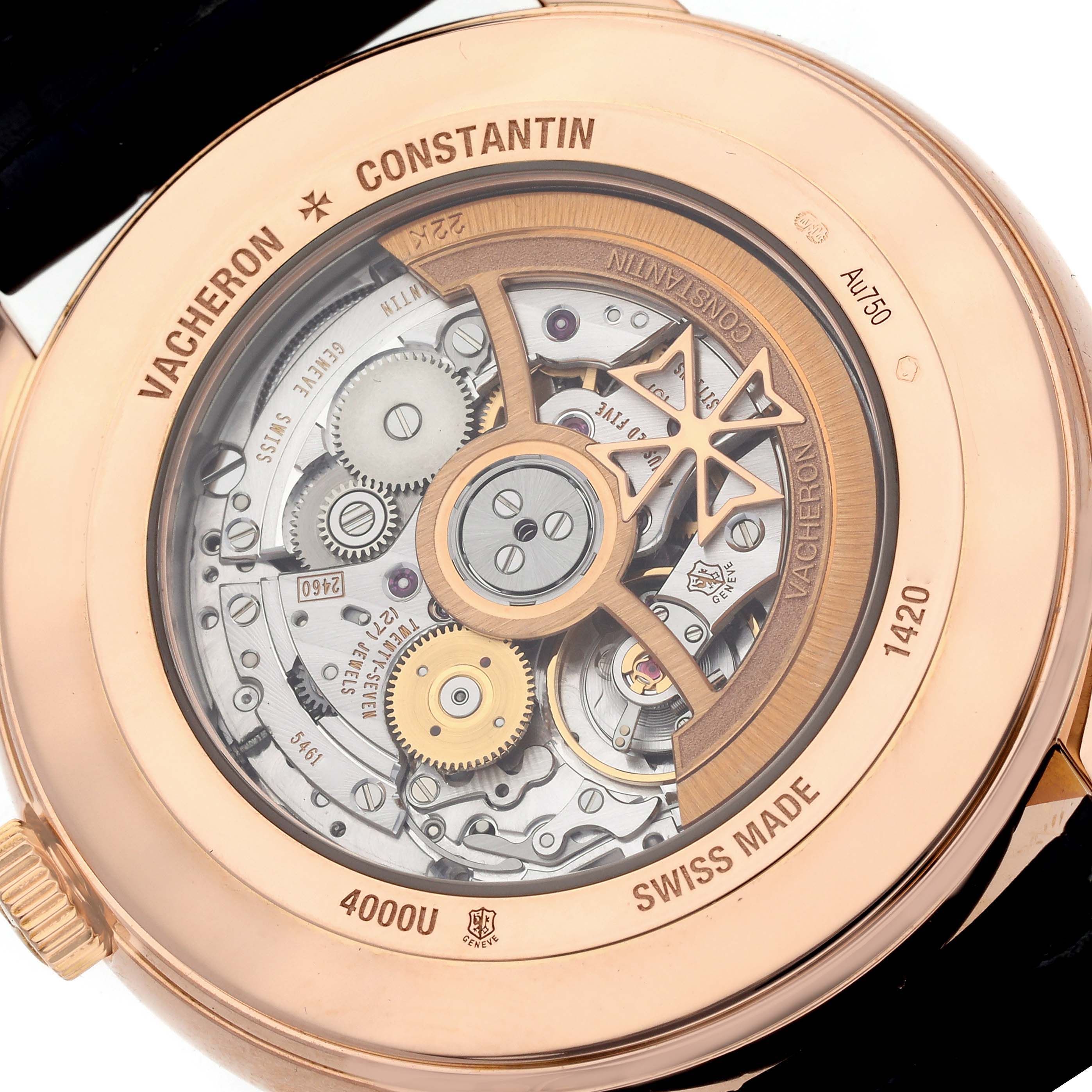 The image shows the back of the Vacheron Constantin Patrimony 4000U/000R-B516 Men
s Rose Gold Blue Dial 4000U/000R-B516 Men
s Rose Gold Blue Dial watch, highlighting its intricate mechanical movement.