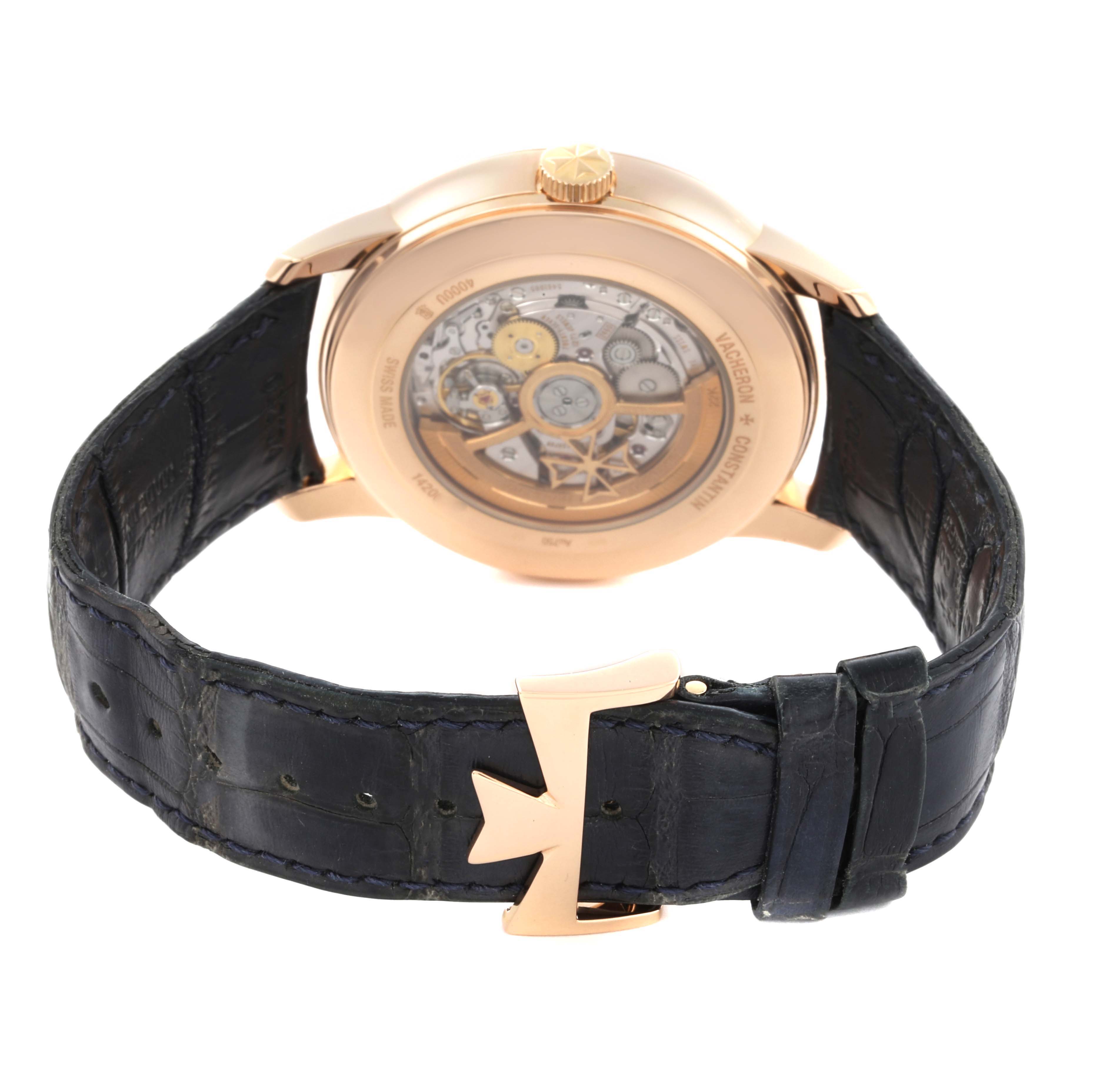 The Vacheron Constantin Patrimony 4000U/000R-B516 Men
s Rose Gold Blue Dial 4000U/000R-B516 Men
s Rose Gold Blue Dial watch is shown from the back, highlighting its movement and watch strap with buckle.