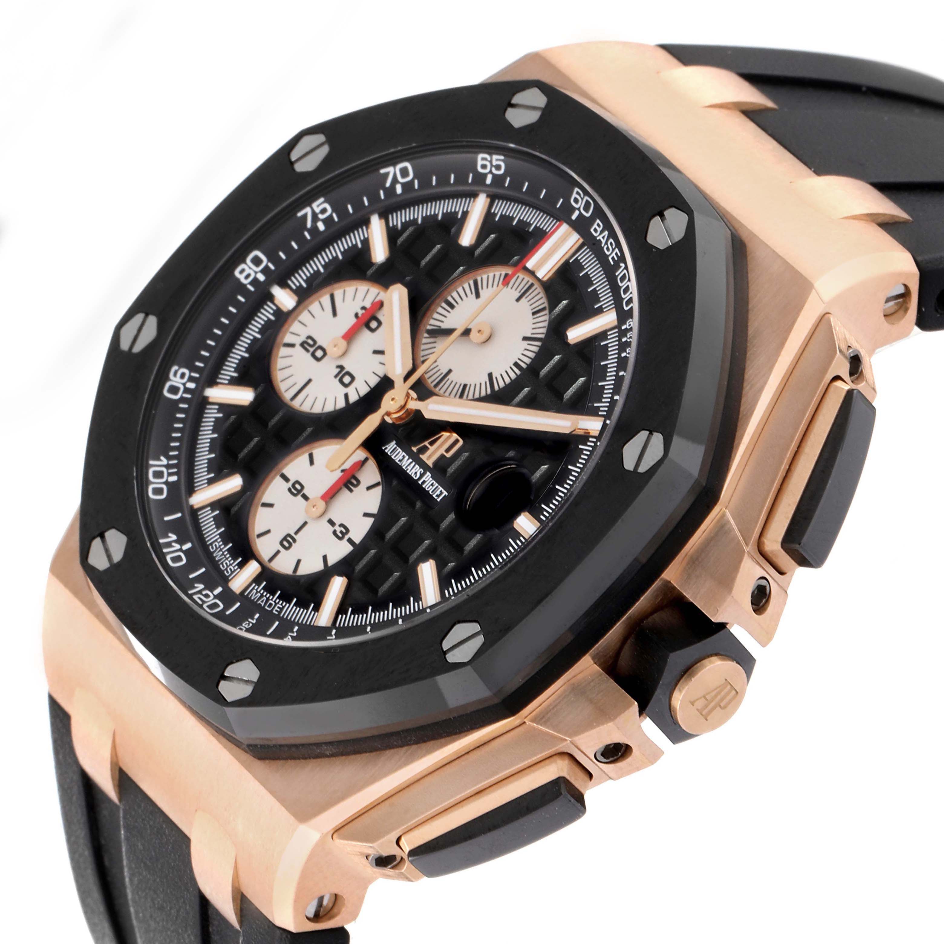 The Audemars Piguet Royal Oak Offshore 26401RO Men's Rose Gold Black Dial is shown from a side angle, highlighting the dial, bezel, case, and pushers.