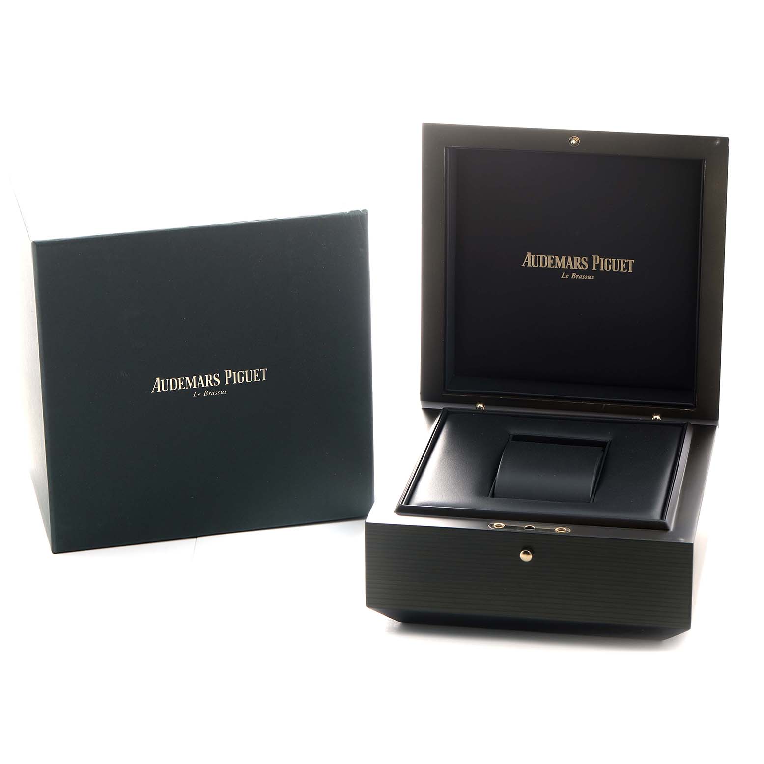 The image shows an open Audemars Piguet Royal Oak Offshore 26401RO Men's Rose Gold Black Dial watch box, with the brand logo visible inside and on the outer box.