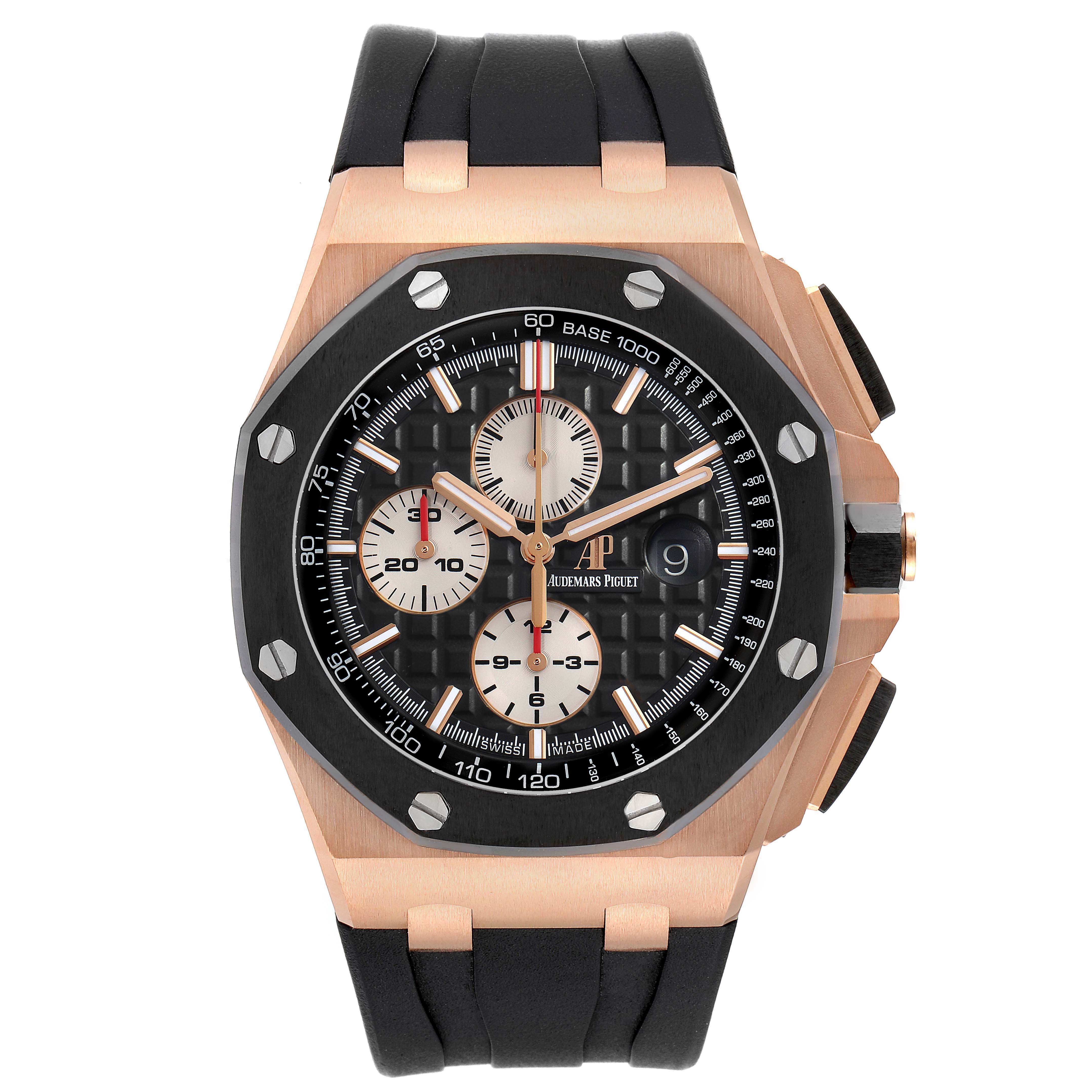 The Audemars Piguet Royal Oak Offshore 26401RO Men's Rose Gold Black Dial watch is shown from the front, highlighting the dial, bezel, and strap.