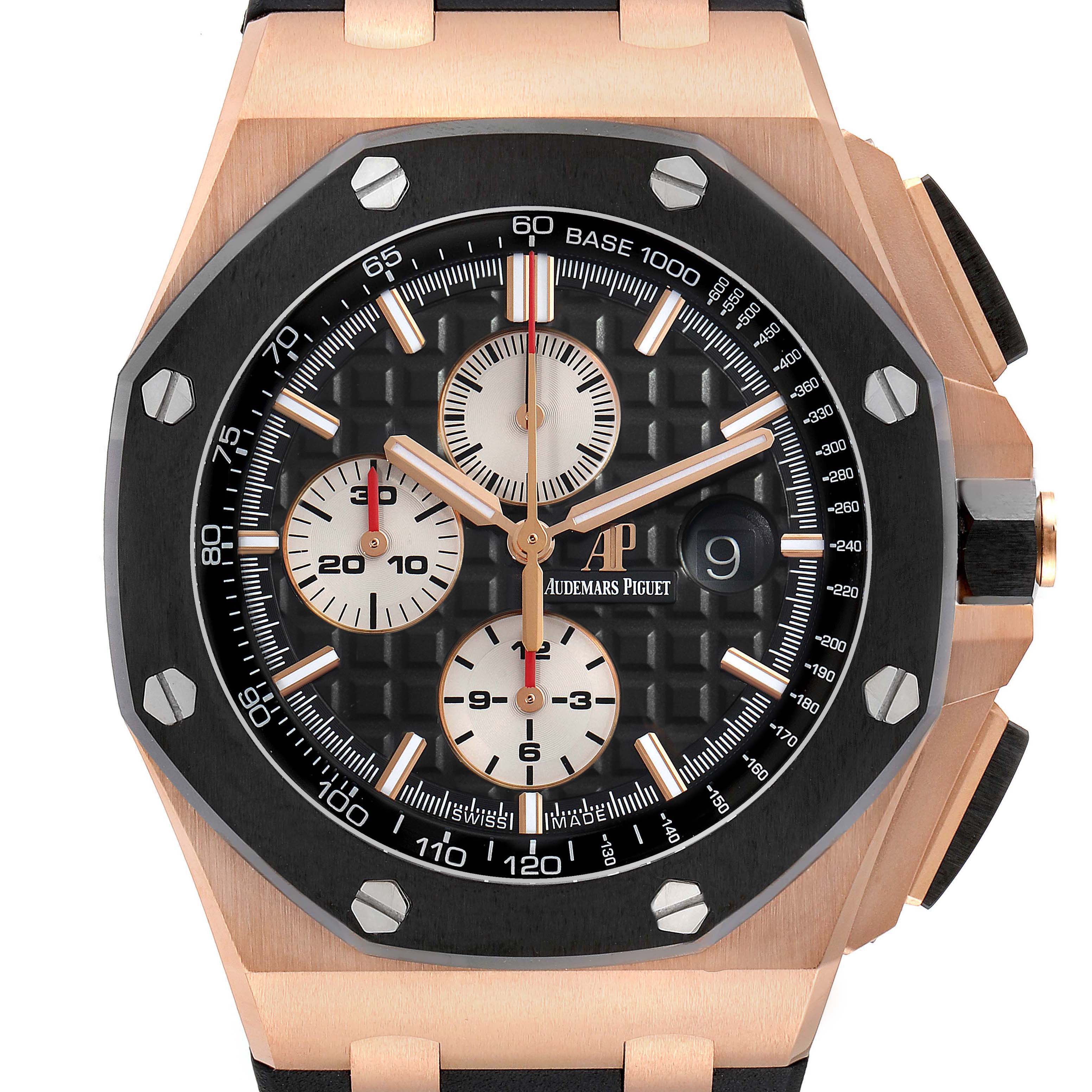 The Audemars Piguet Royal Oak Offshore 26401RO Men's Rose Gold Black Dial watch is shown from the front, displaying its hexagonal bezel, dial, and subdials.
