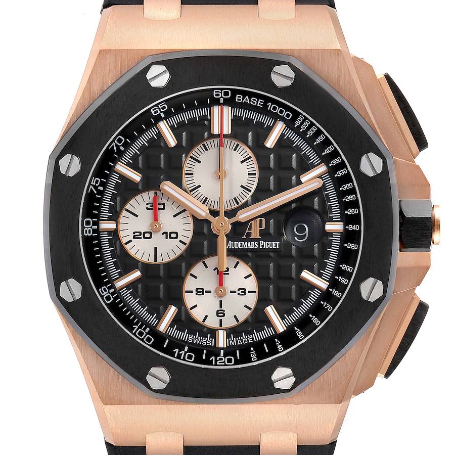 The Audemars Piguet Royal Oak Offshore 26401RO Men's Rose Gold Black Dial watch is shown from the front, displaying its hexagonal bezel, dial, and subdials.