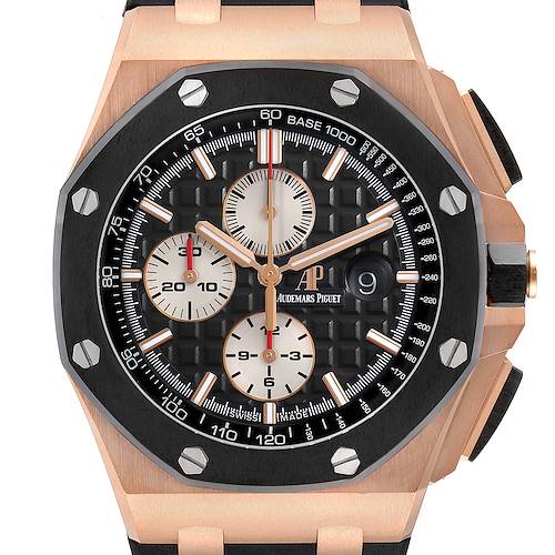 The Audemars Piguet Royal Oak Offshore 26401RO Men's Rose Gold Black Dial watch is shown close-up, highlighting its face, bezel, and chronograph dials.