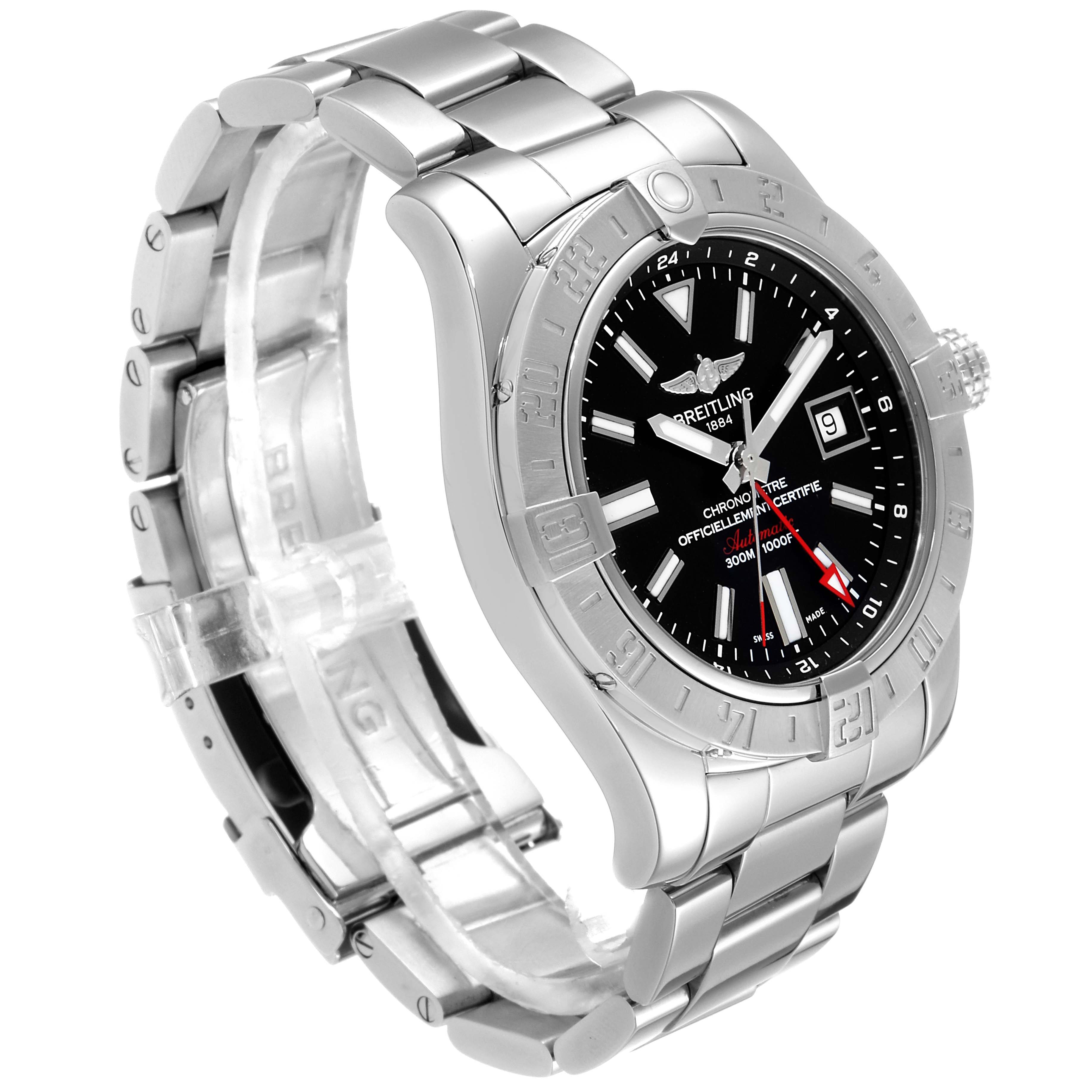 The image shows a side and front angle of the Breitling Avenger A3239011-C872-170A Men's Stainless Steel Black Dial A3239011-C872-170A Men's Stainless Steel Black Dial watch, highlighting the dial, bezel, bracelet, and clasp.