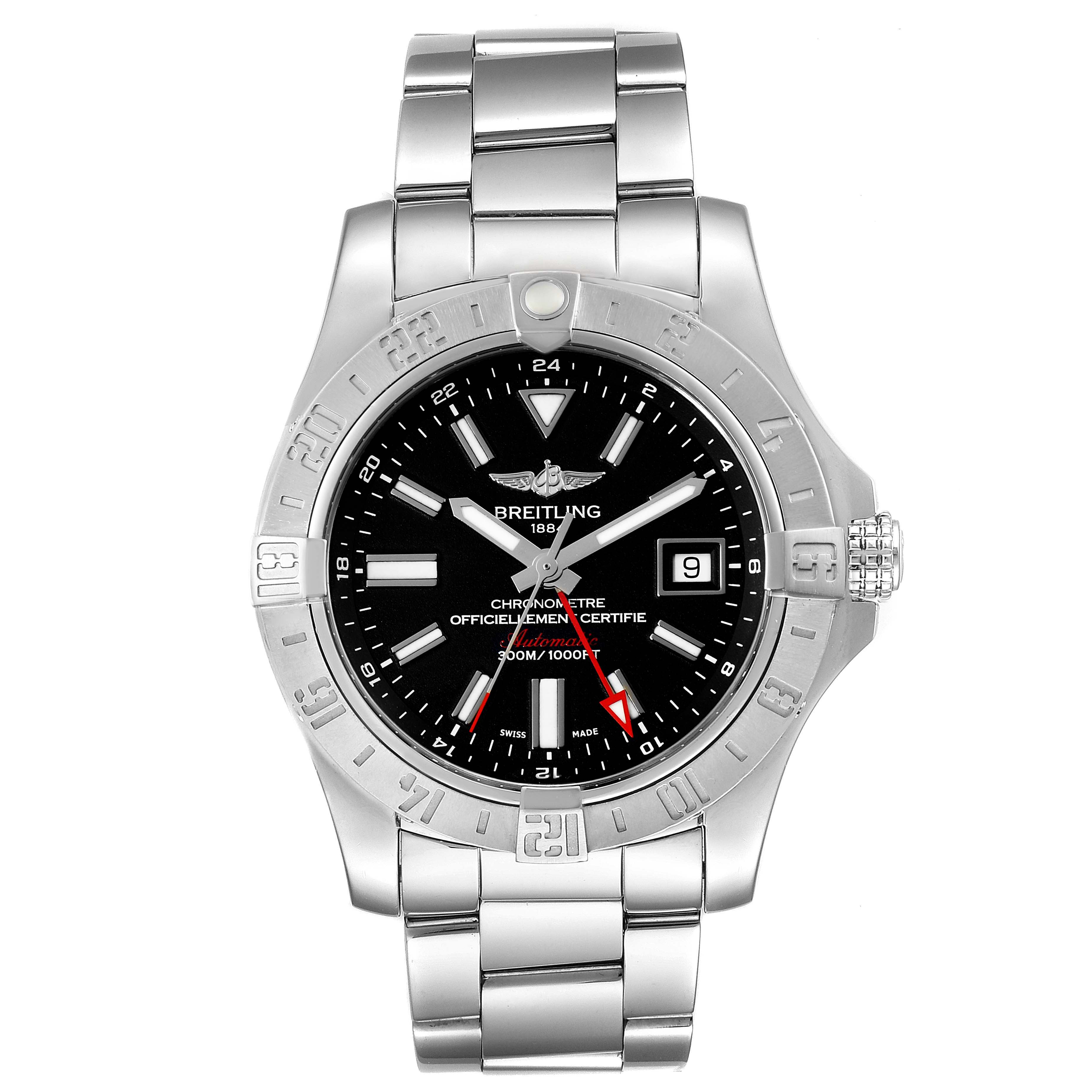 The image shows a Breitling Avenger A3239011-C872-170A Men's Stainless Steel Black Dial A3239011-C872-170A Men's Stainless Steel Black Dial model watch from a direct front angle, displaying its dial, bezel, and bracelet.