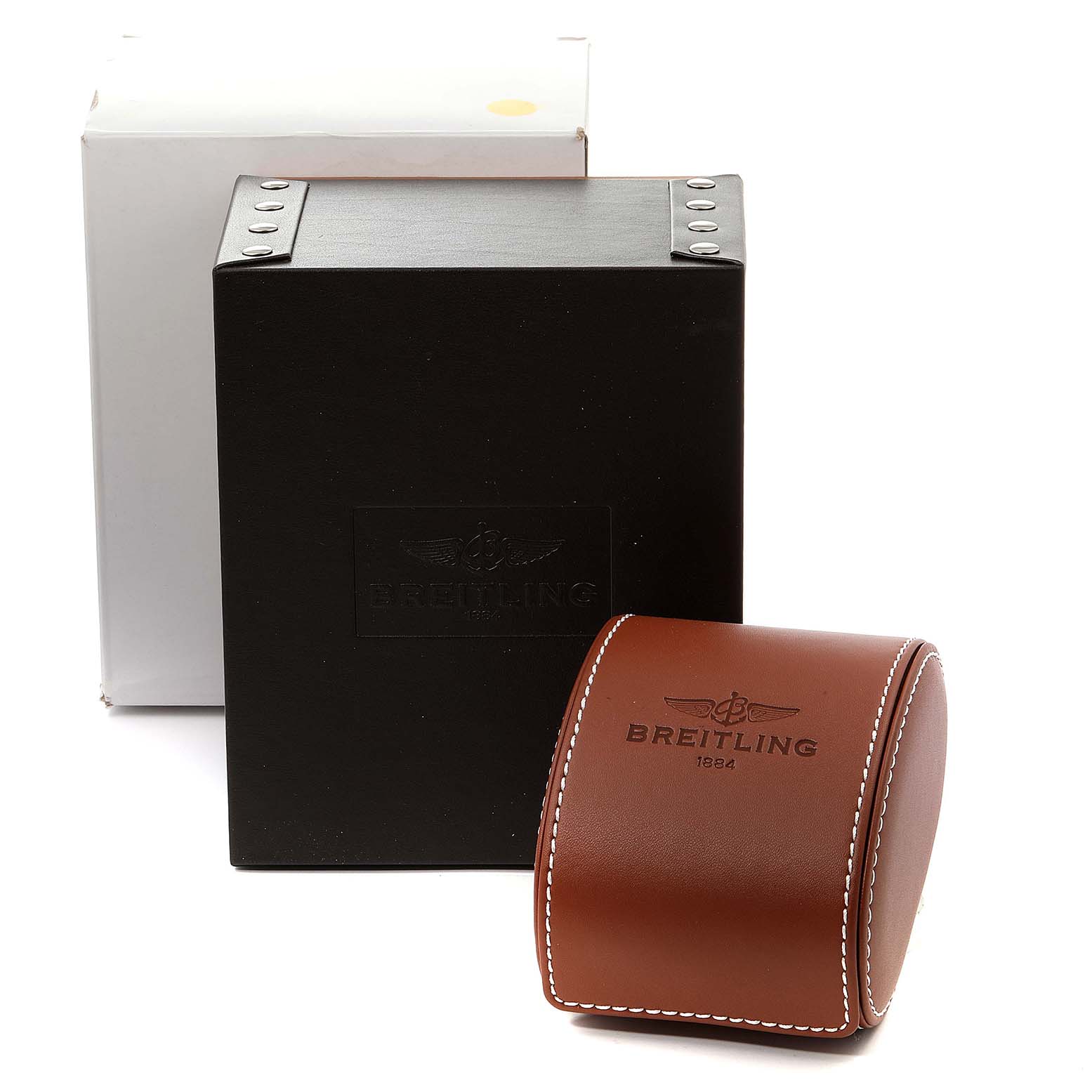This image shows the packaging and leather case for an Avenger model by Breitling, viewed from the front.