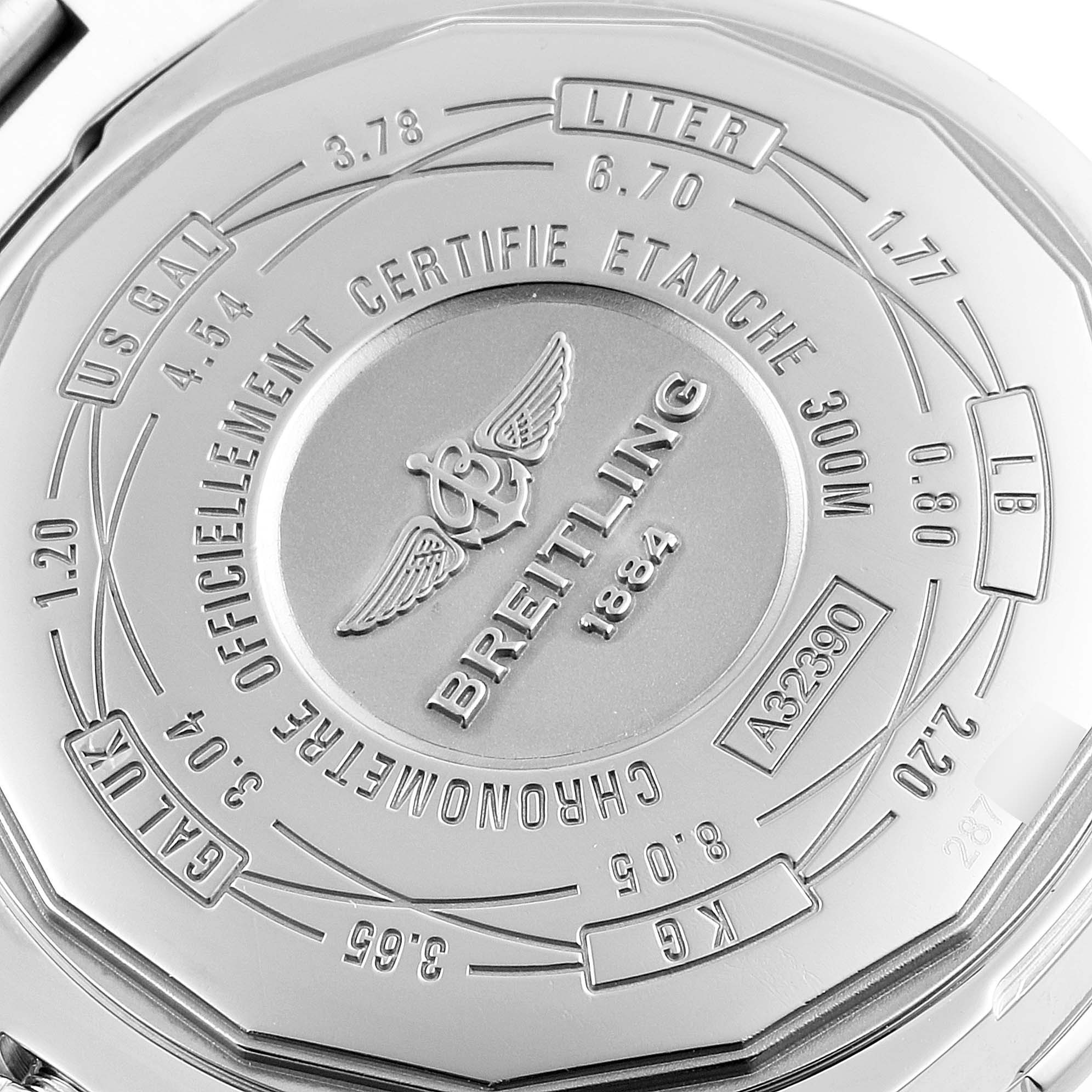 The image shows the back case of a Breitling Avenger A3239011-C872-170A Men's Stainless Steel Black Dial A3239011-C872-170A Men's Stainless Steel Black Dial watch, displaying the model number, brand logo, and various specifications.