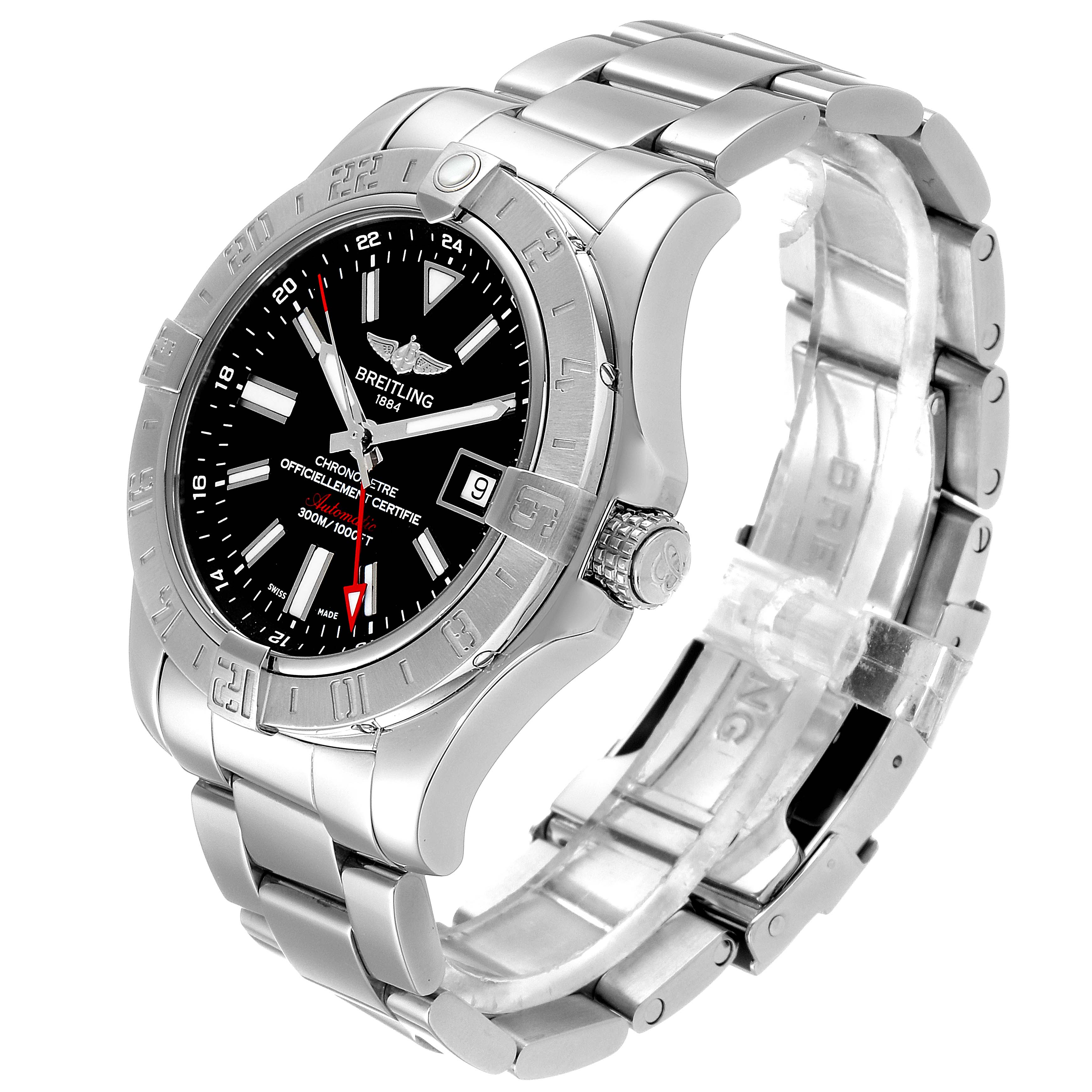 The image shows a side and angled top view of a Breitling Avenger A3239011-C872-170A Men's Stainless Steel Black Dial A3239011-C872-170A Men's Stainless Steel Black Dial watch, highlighting the dial, bezel, crown, and bracelet.