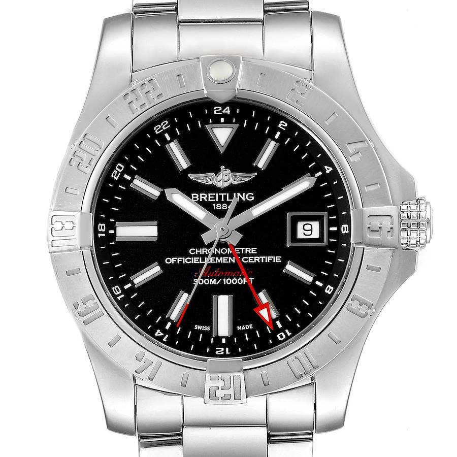 The image shows a front view of a Breitling Avenger watch, highlighting its dial, bezel, hands, and bracelet.