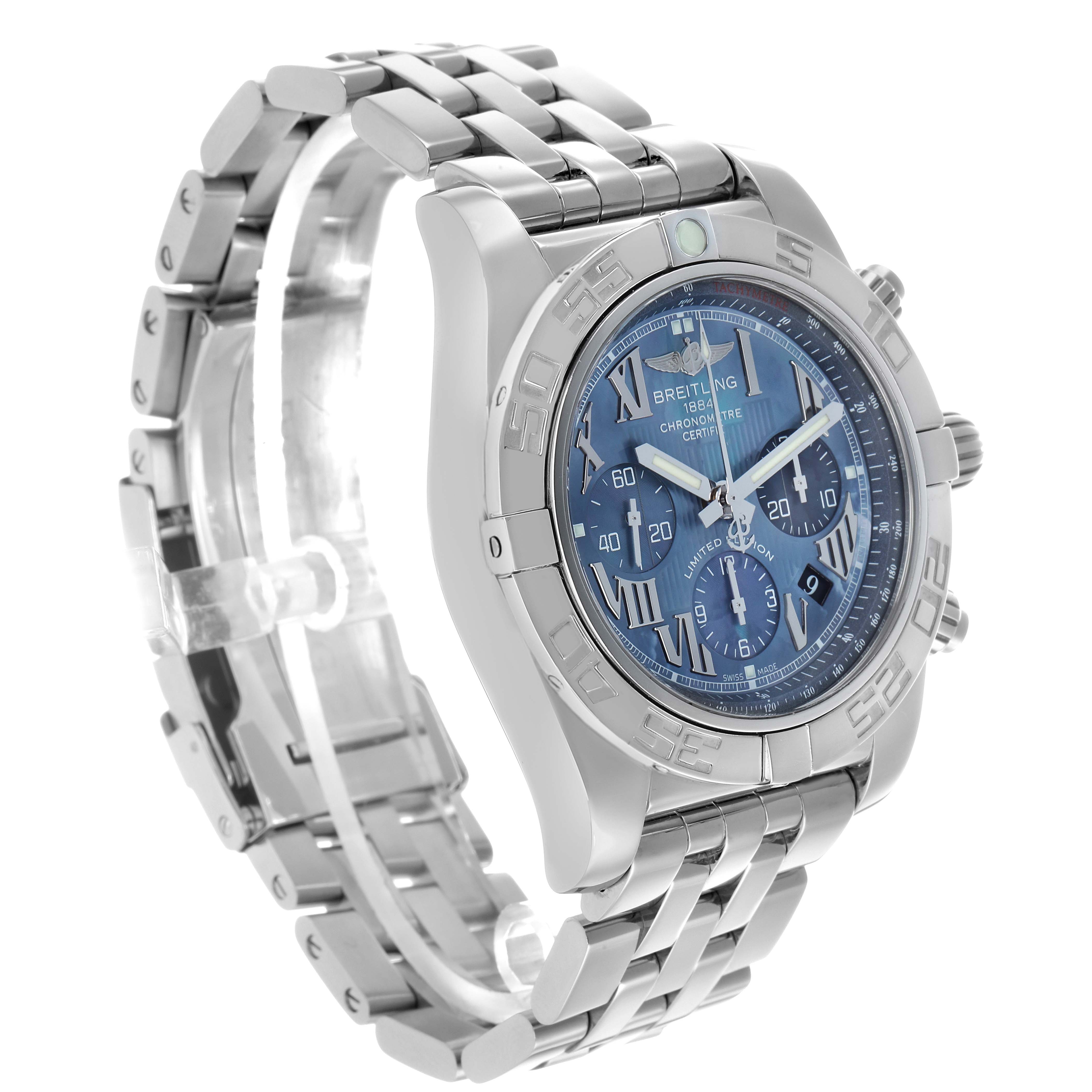 The Breitling Chronomat AB0110 Men's Stainless Steel Mother of Pearl Dial watch is shown at a three-quarter angle, highlighting the face, bezel, and metal bracelet.