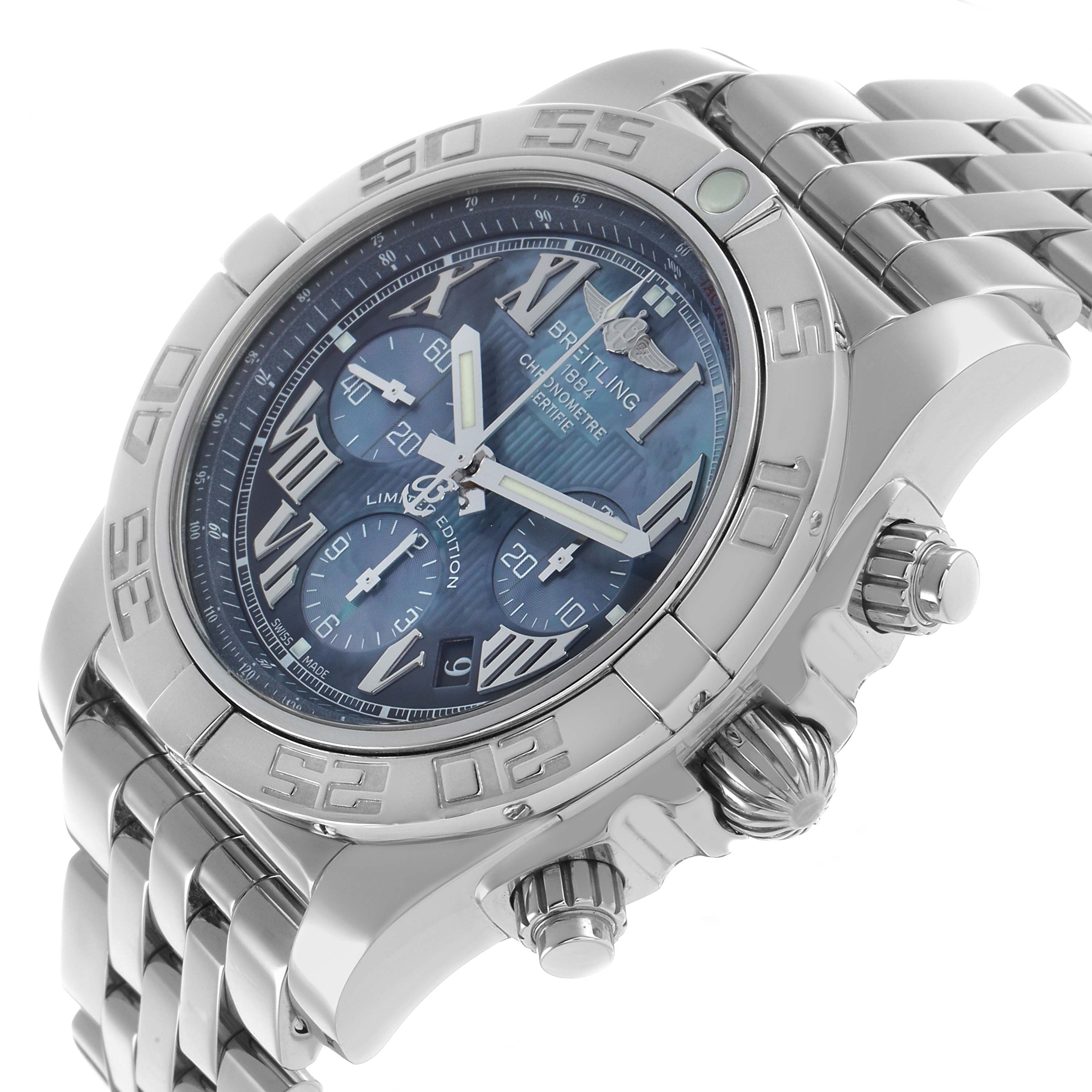 The Breitling Chronomat AB0110 Men's Stainless Steel Mother of Pearl Dial watch is shown at an angle highlighting the bezel, dial, crown, pushers, and part of the metal bracelet.