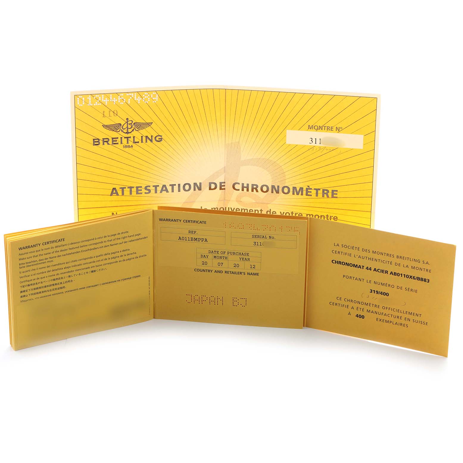 The image shows warranty and chronometer certification documents for a Breitling Chronomat AB0110 Men's Stainless Steel Mother of Pearl Dial watch model.