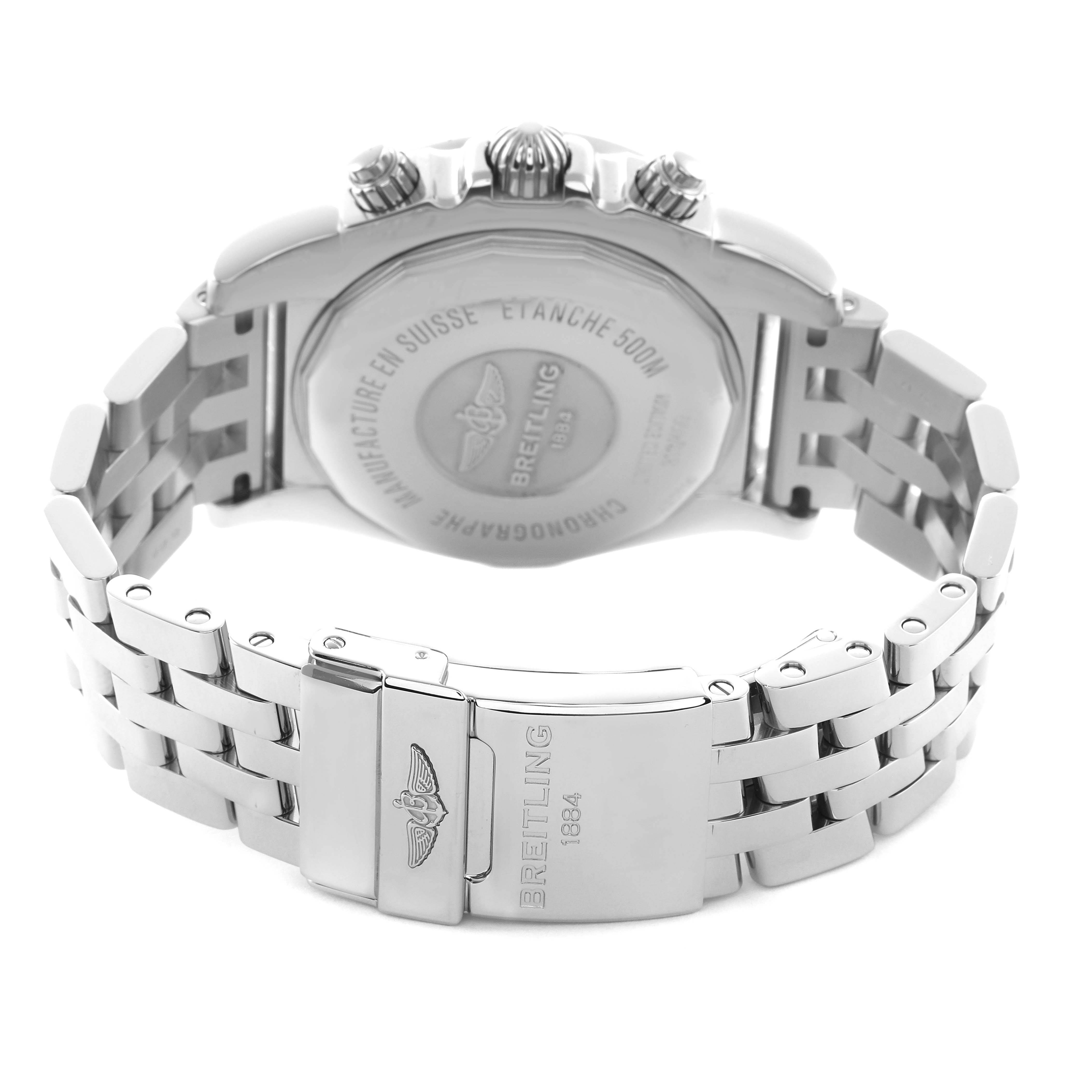 The image shows a rear view of the Breitling Chronomat AB0110 Men's Stainless Steel Mother of Pearl Dial watch, highlighting the clasp, case back, and part of the bracelet.