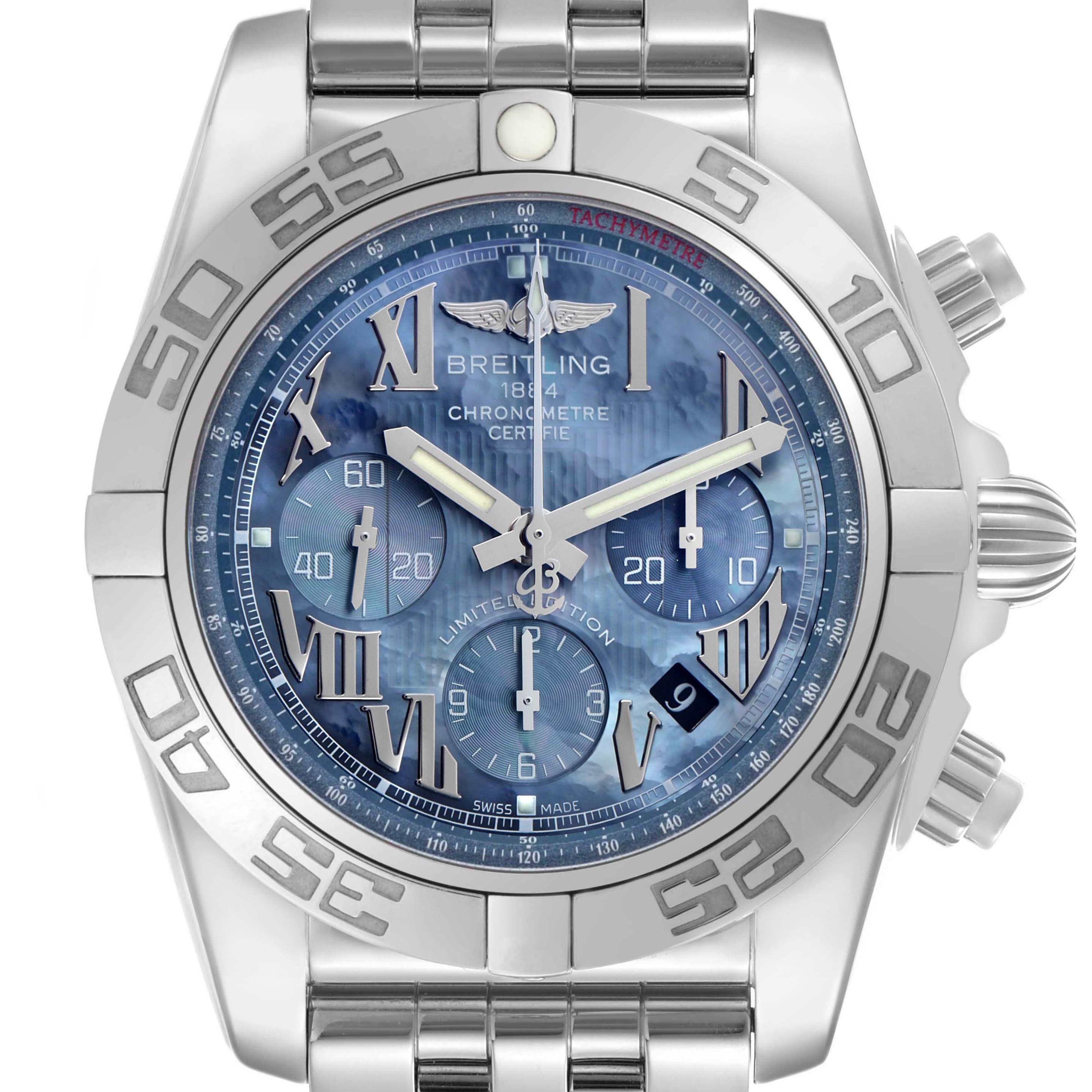 The Breitling Chronomat AB0110 Men's Stainless Steel Mother of Pearl Dial watch is shown from the front, displaying its dial, bezel, and part of the bracelet.