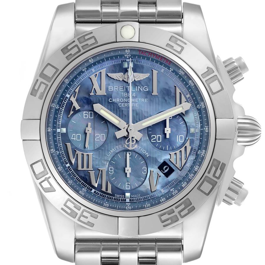 The Breitling Chronomat AB0110 Men's Stainless Steel Mother of Pearl Dial watch is shown from the front, displaying its dial, bezel, and part of the bracelet.