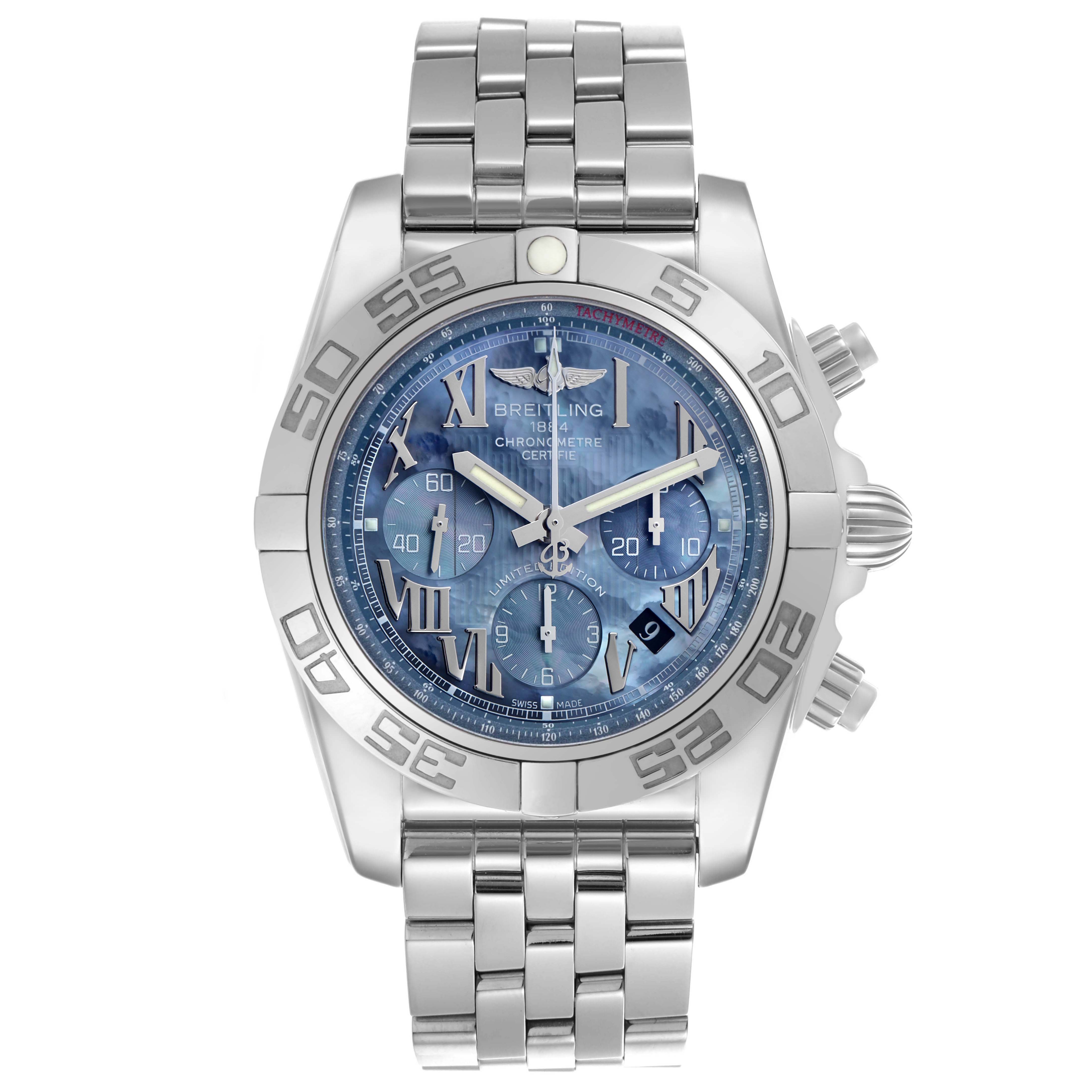 The Breitling Chronomat AB0110 Men's Stainless Steel Mother of Pearl Dial watch is shown from the front, displaying the dial, bezel, crown, pushers, and bracelet.