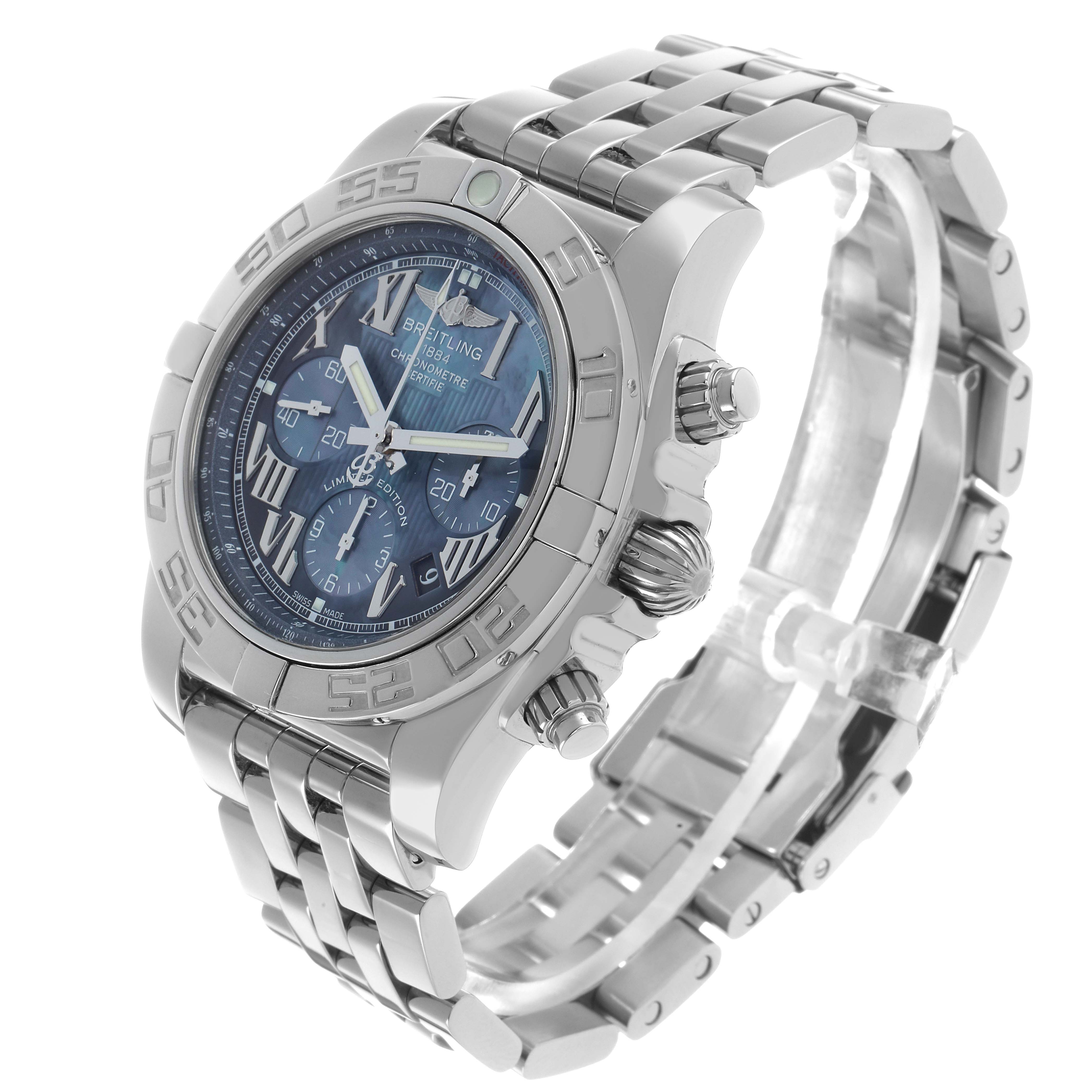 The Breitling Chronomat AB0110 Men's Stainless Steel Mother of Pearl Dial is shown from a front-side angle, highlighting the bezel, crown, chronograph pushers, and bracelet.