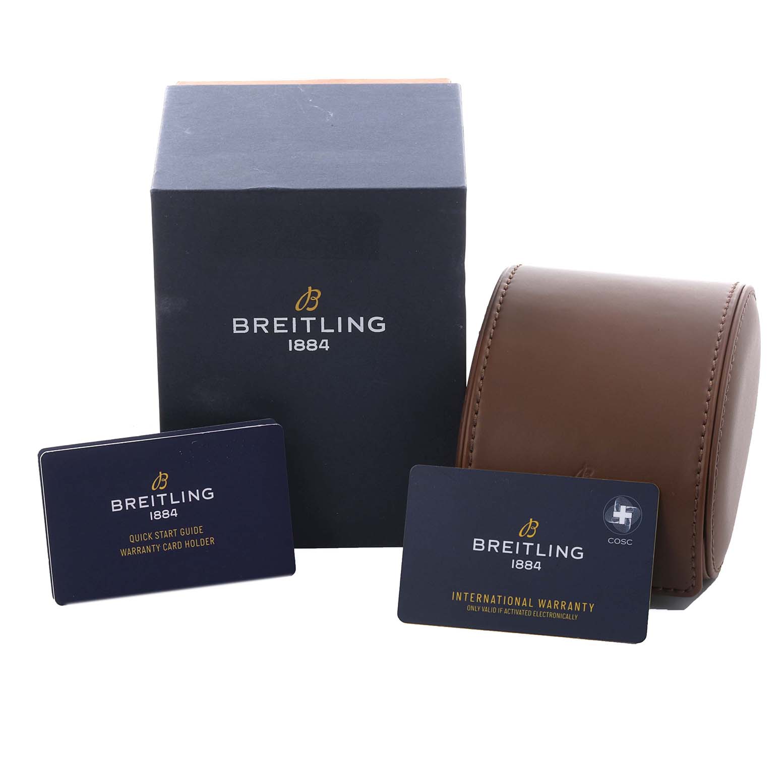 The image shows the Breitling Chronomat RB0134 Men's Rose Gold Grey Dial RB0134 Men's Rose Gold Grey Dial's packaging, warranty card, and a leather travel case at a front angle.