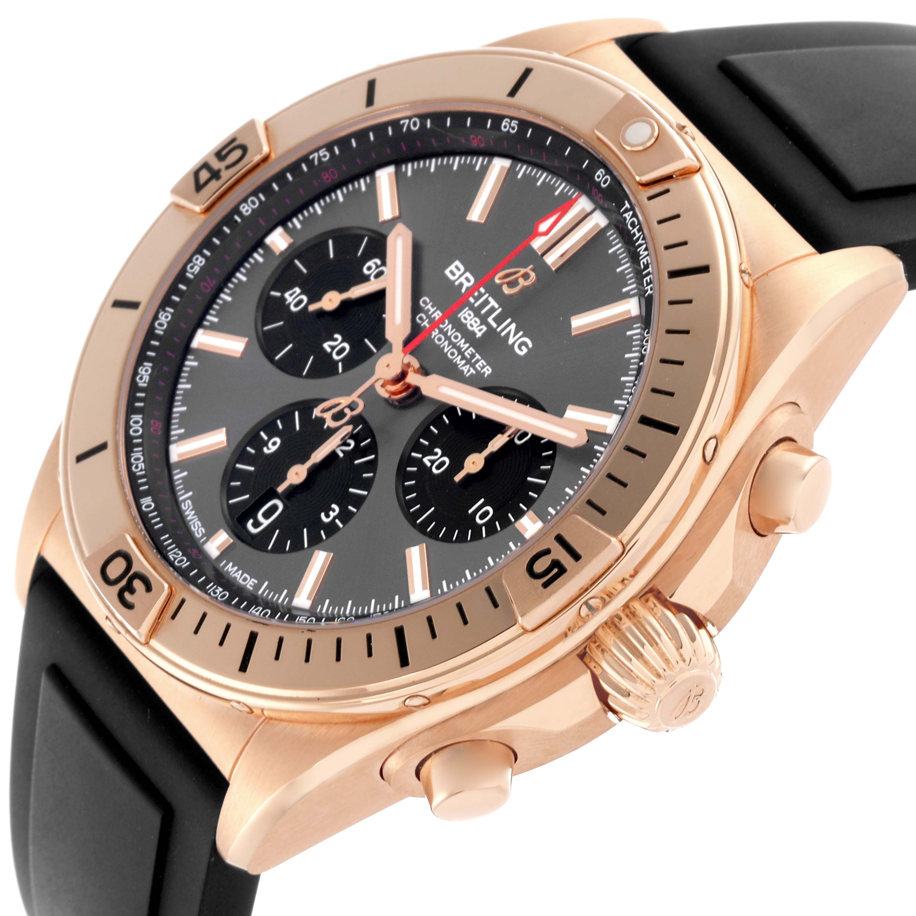 The Breitling Chronomat RB0134 Men's Rose Gold Grey Dial RB0134 Men's Rose Gold Grey Dial watch is shown at a slight angle, highlighting the face and crown with the bezel and buttons visible.