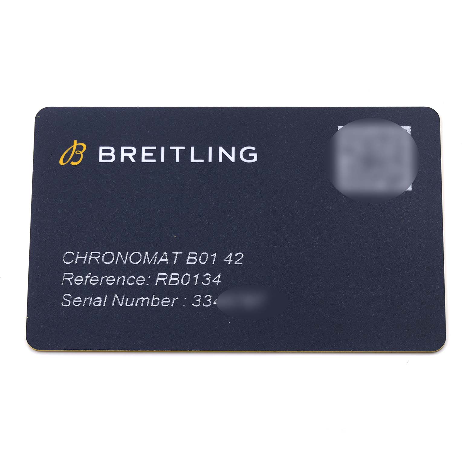 The image shows a warranty card for the Breitling Chronomat RB0134 Men's Rose Gold Grey Dial RB0134 Men's Rose Gold Grey Dial B01 42.