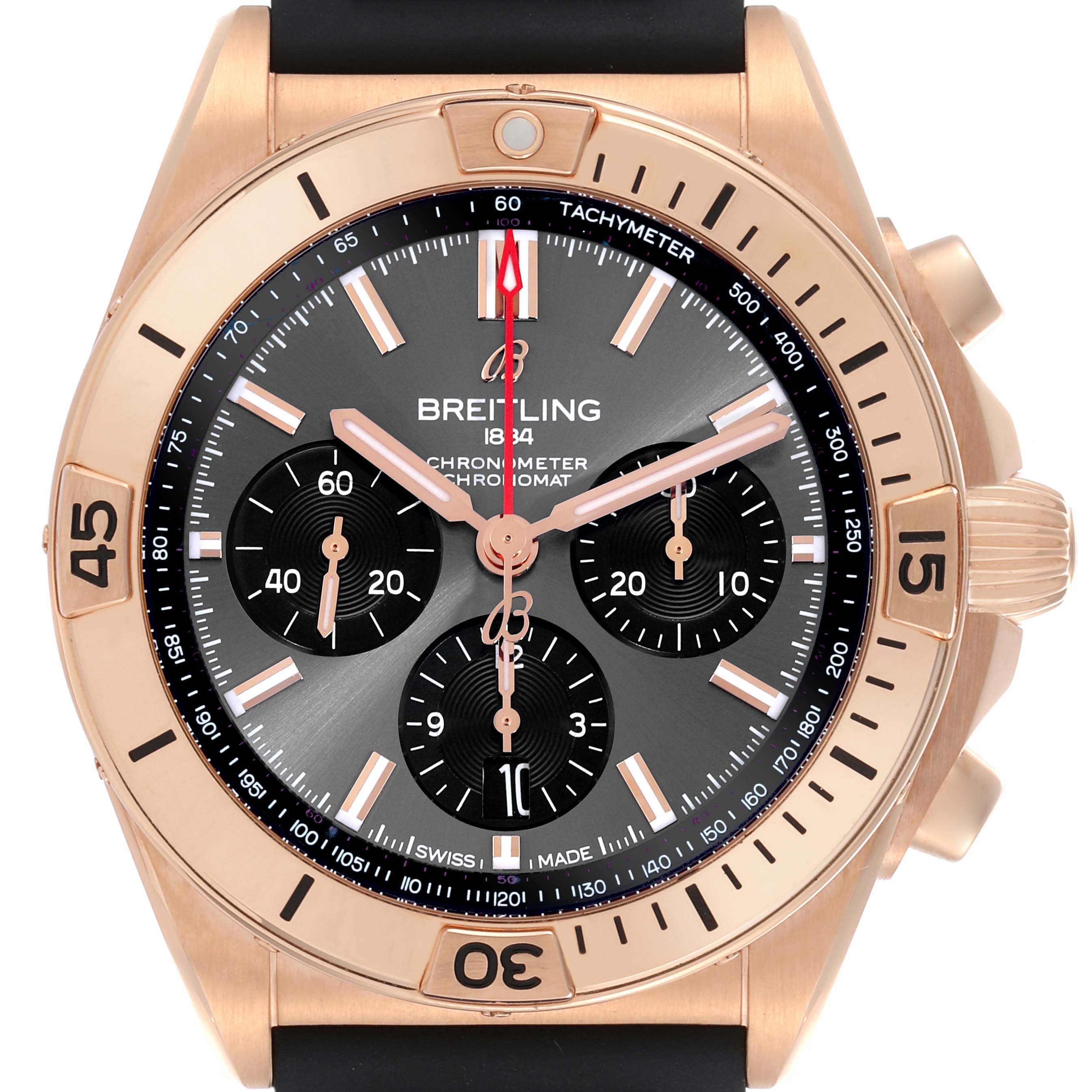 The Breitling Chronomat RB0134 Men's Rose Gold Grey Dial RB0134 Men's Rose Gold Grey Dial model is shown from the front, highlighting the dial, bezel, subdials, and crown.
