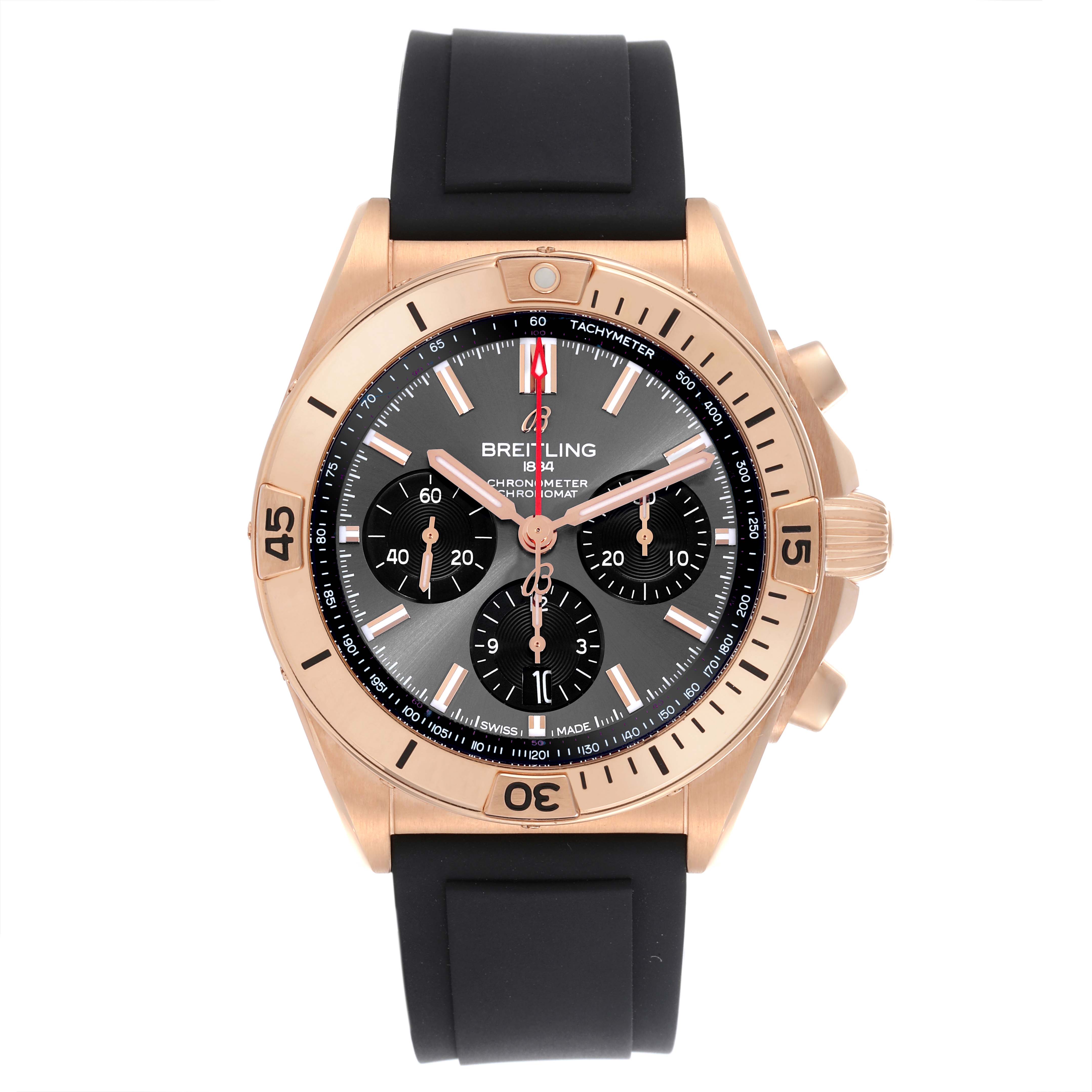 The Breitling Chronomat RB0134 Men's Rose Gold Grey Dial RB0134 Men's Rose Gold Grey Dial watch is shown from a front angle, highlighting its face, bezel, and strap.