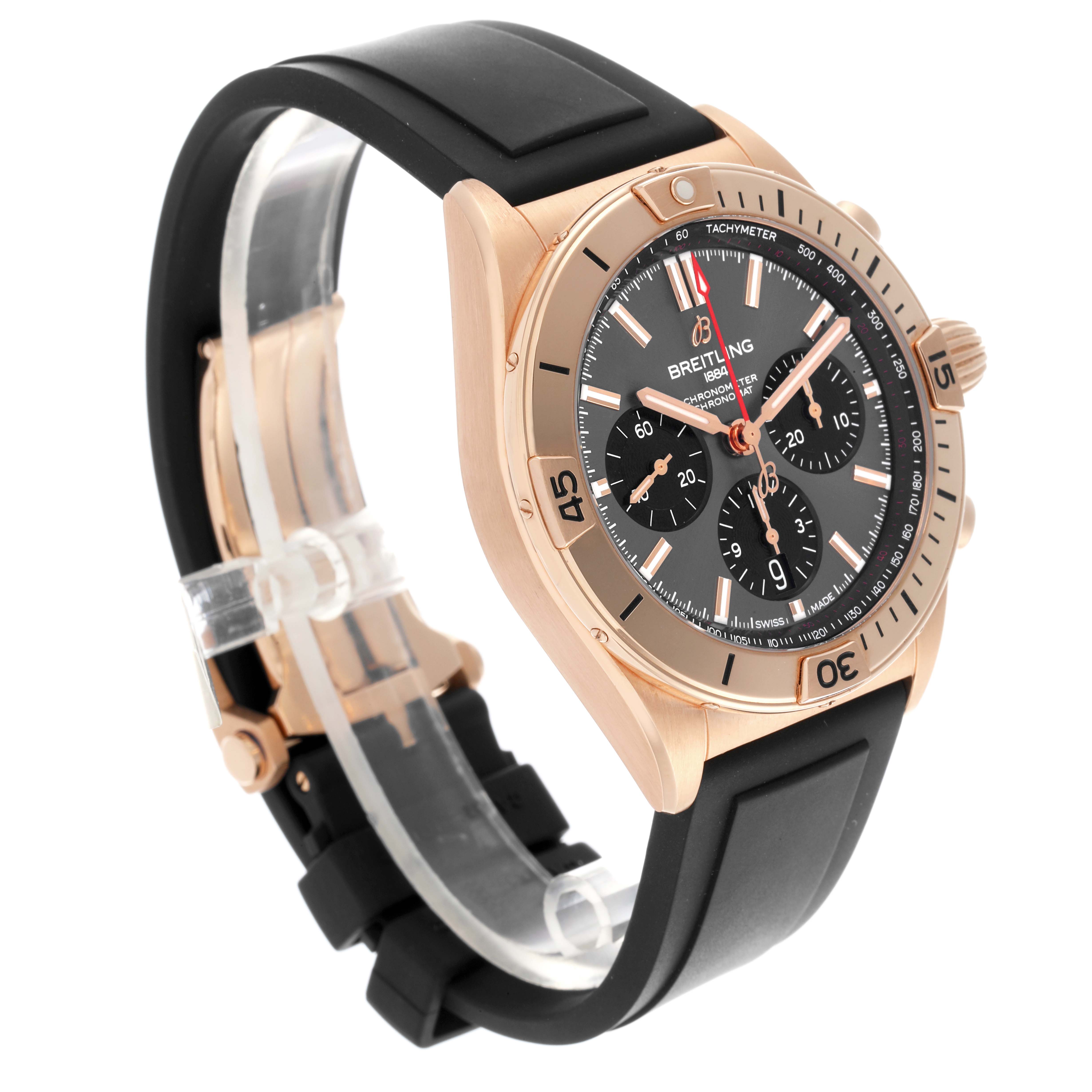 The Breitling Chronomat RB0134 Men's Rose Gold Grey Dial RB0134 Men's Rose Gold Grey Dial watch is shown at an angled view, highlighting the bezel, dial, and rubber strap.