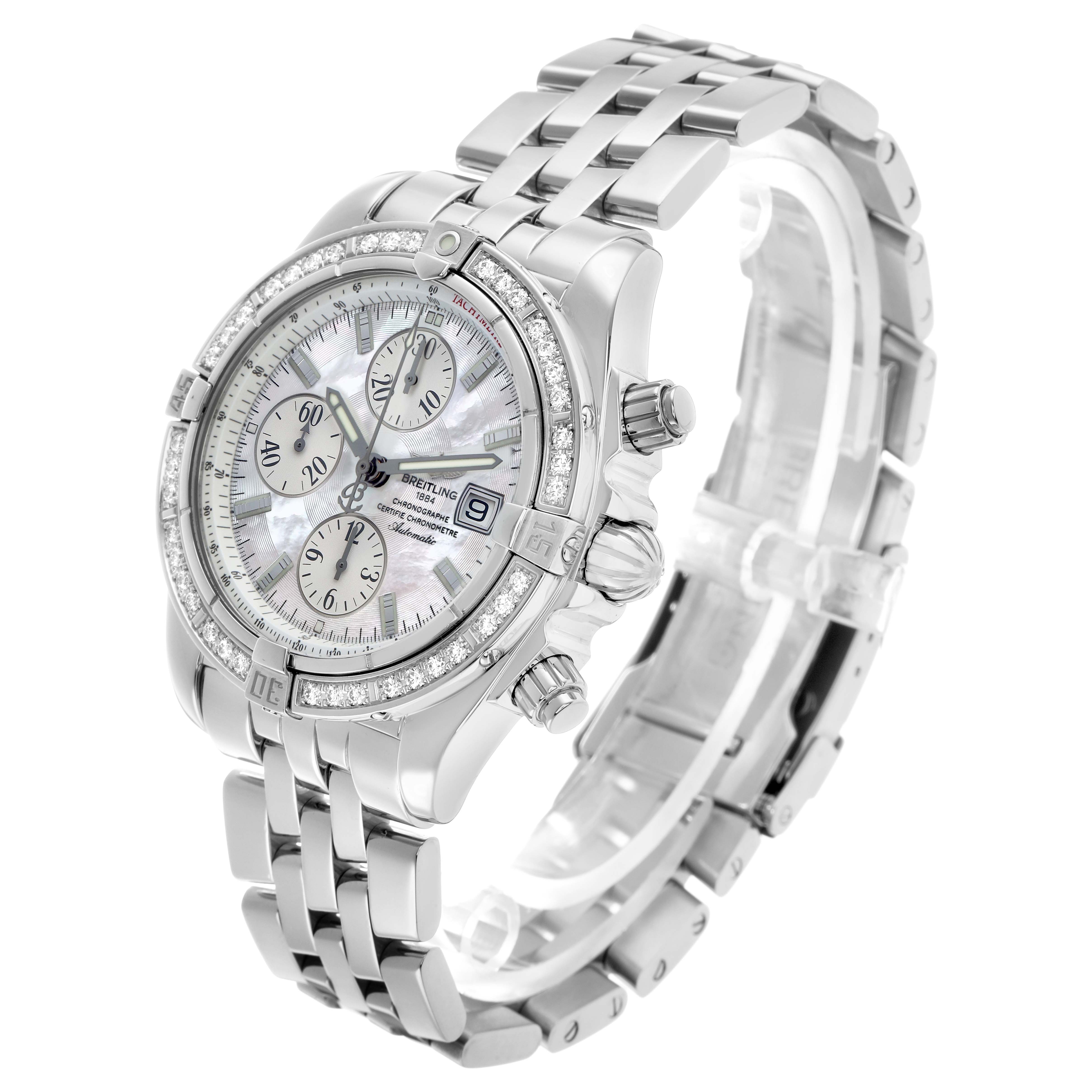 The Breitling Chronomat A13356 Men's Stainless Steel Mother of Pearl Dial watch is shown at a three-quarter angle, highlighting the face, bezel, and metal bracelet.