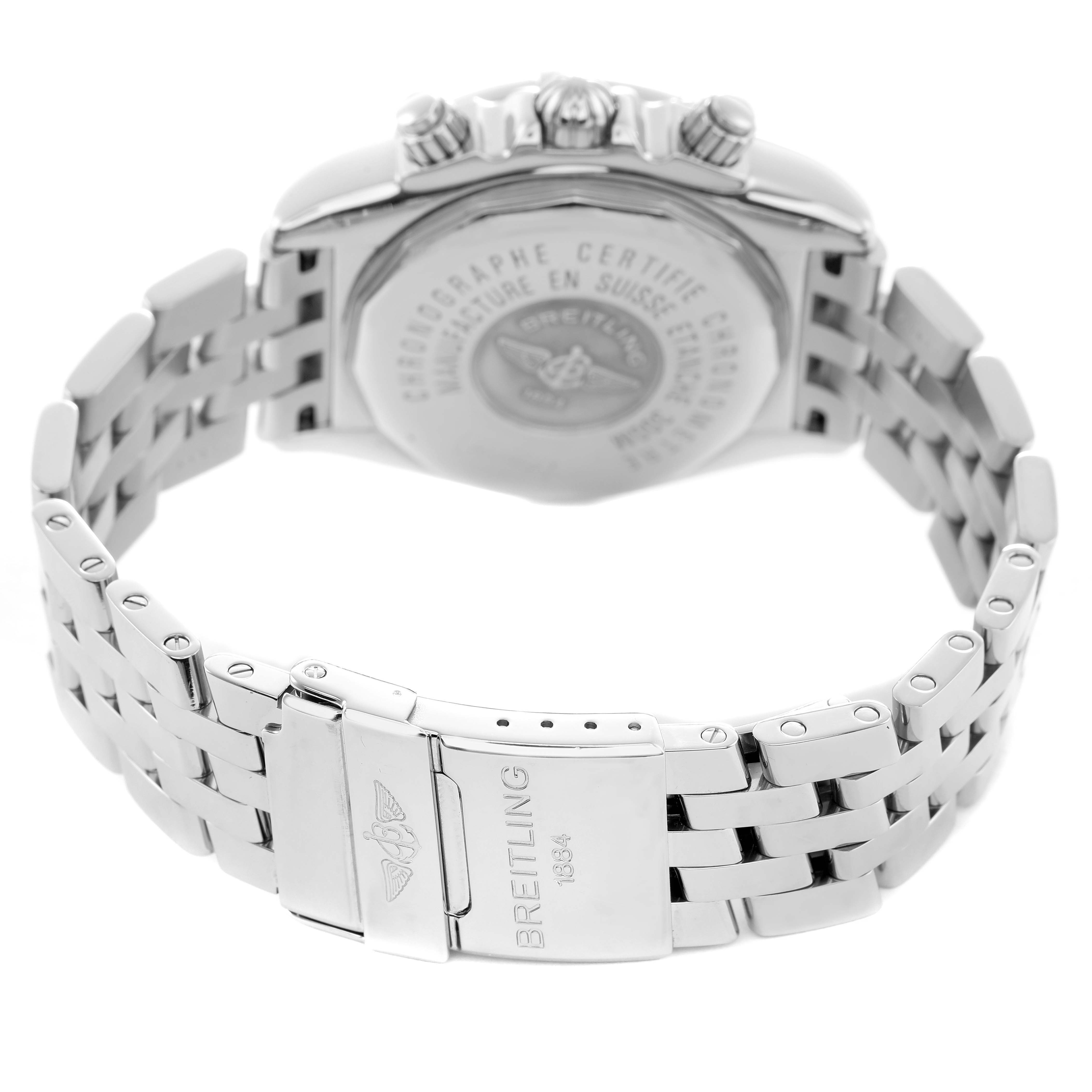 The Breitling Chronomat A13356 Men's Stainless Steel Mother of Pearl Dial watch is shown from the back, highlighting the stainless steel bracelet and engraved clasp.
