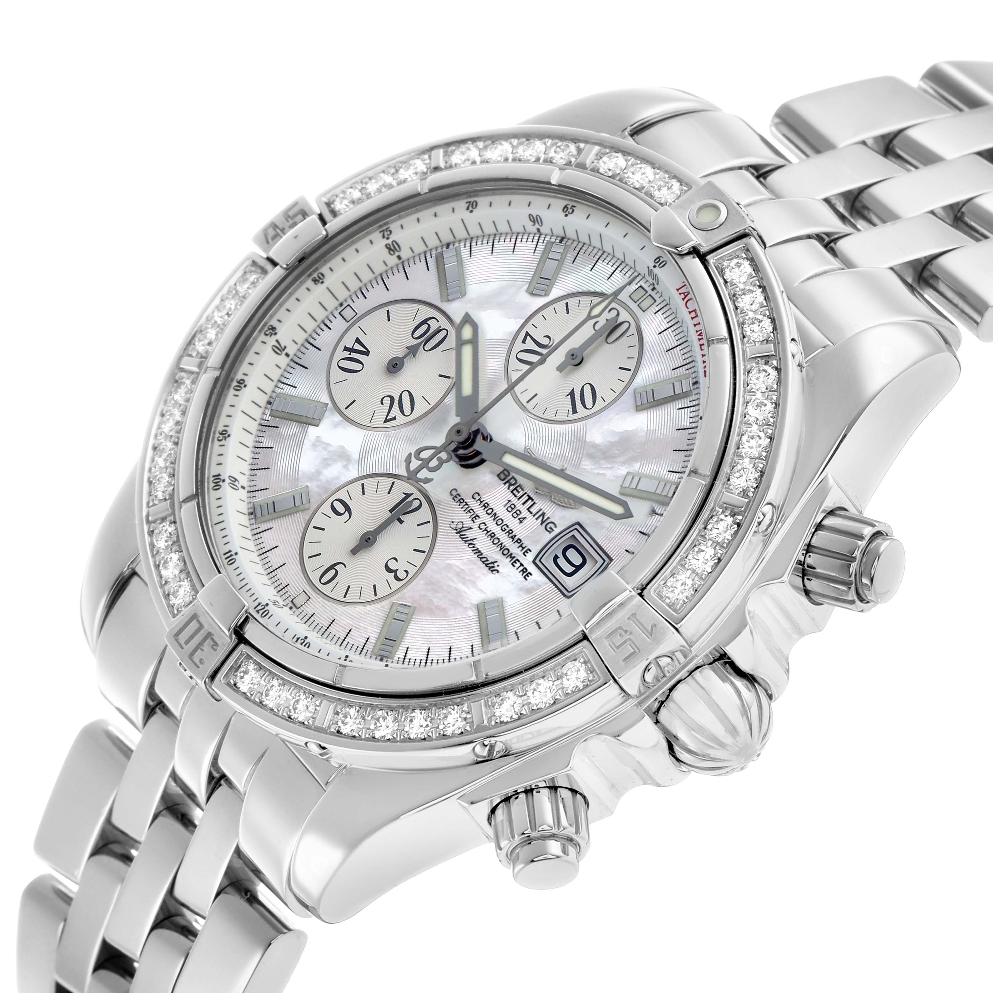 The Breitling Chronomat A13356 Men's Stainless Steel Mother of Pearl Dial watch is shown at a three-quarter angle, highlighting the face, bezel, crown, and bracelet.