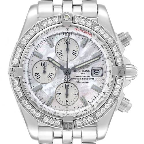 The Breitling Chronomat A13356 Men's Stainless Steel Mother of Pearl Dial watch is shown from the front, highlighting its dial, subdials, tachymeter, and diamond-studded bezel.