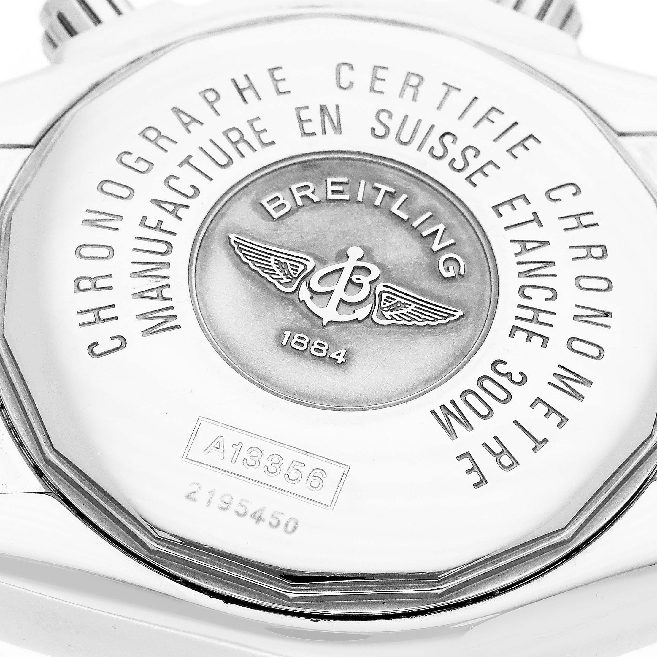 The image shows the back case of the Breitling Chronomat A13356 Men's Stainless Steel Mother of Pearl Dial, highlighting engravings and branding details.