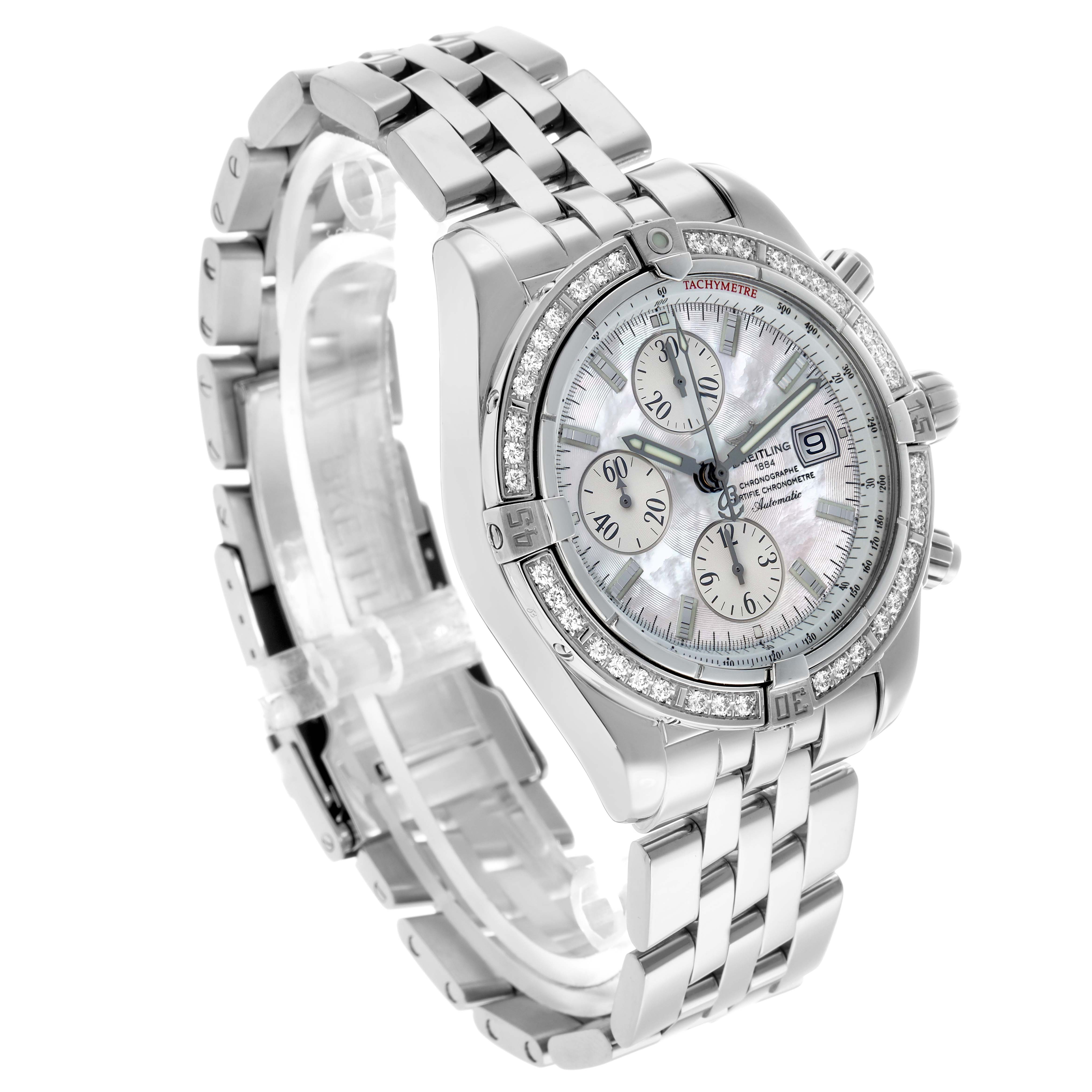 The Breitling Chronomat A13356 Men's Stainless Steel Mother of Pearl Dial is shown at a three-quarter angle, displaying its face, bezel with diamonds, and bracelet.