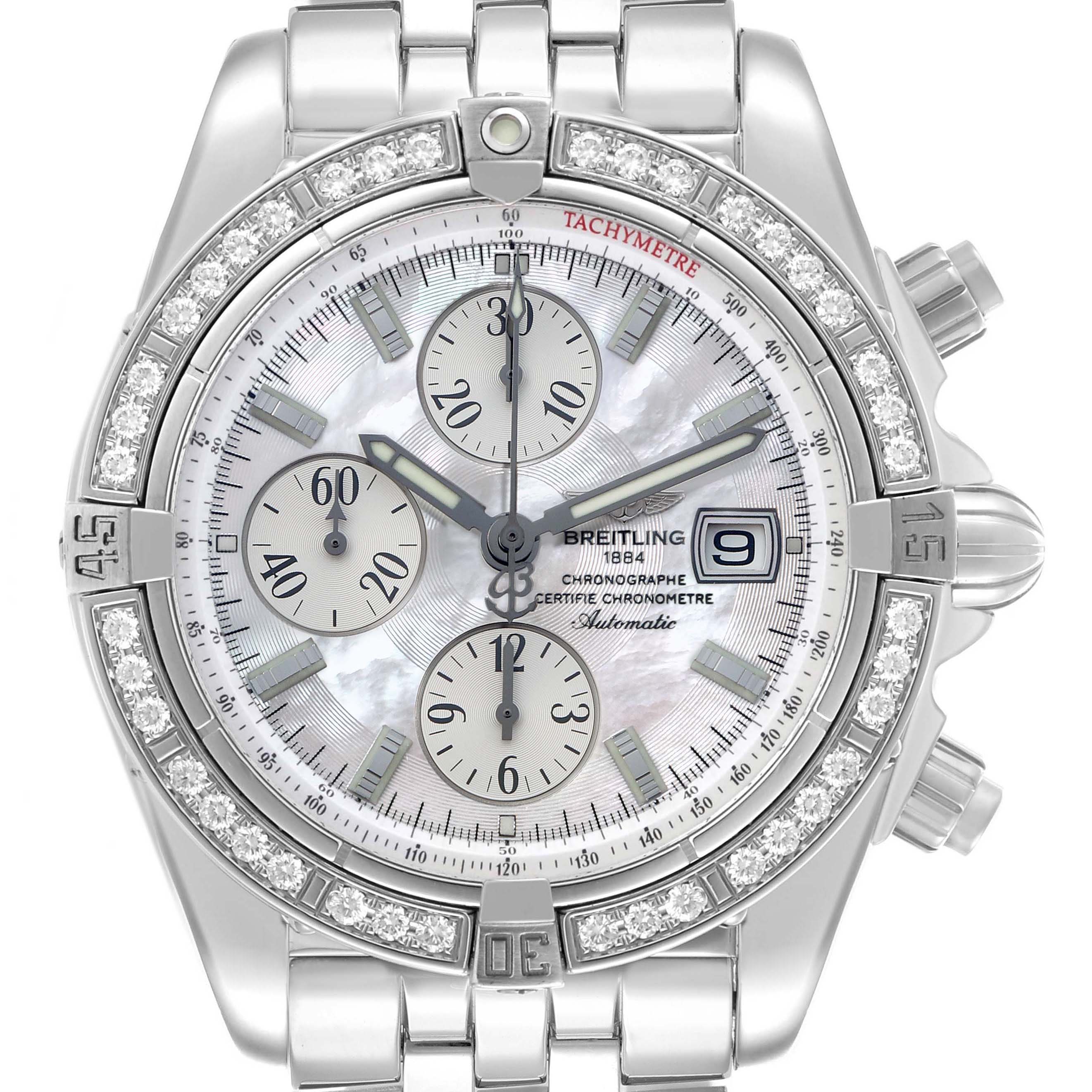The Breitling Chronomat A13356 Men's Stainless Steel Mother of Pearl Dial watch is shown from the front, displaying the dial, bezel, and part of the bracelet.